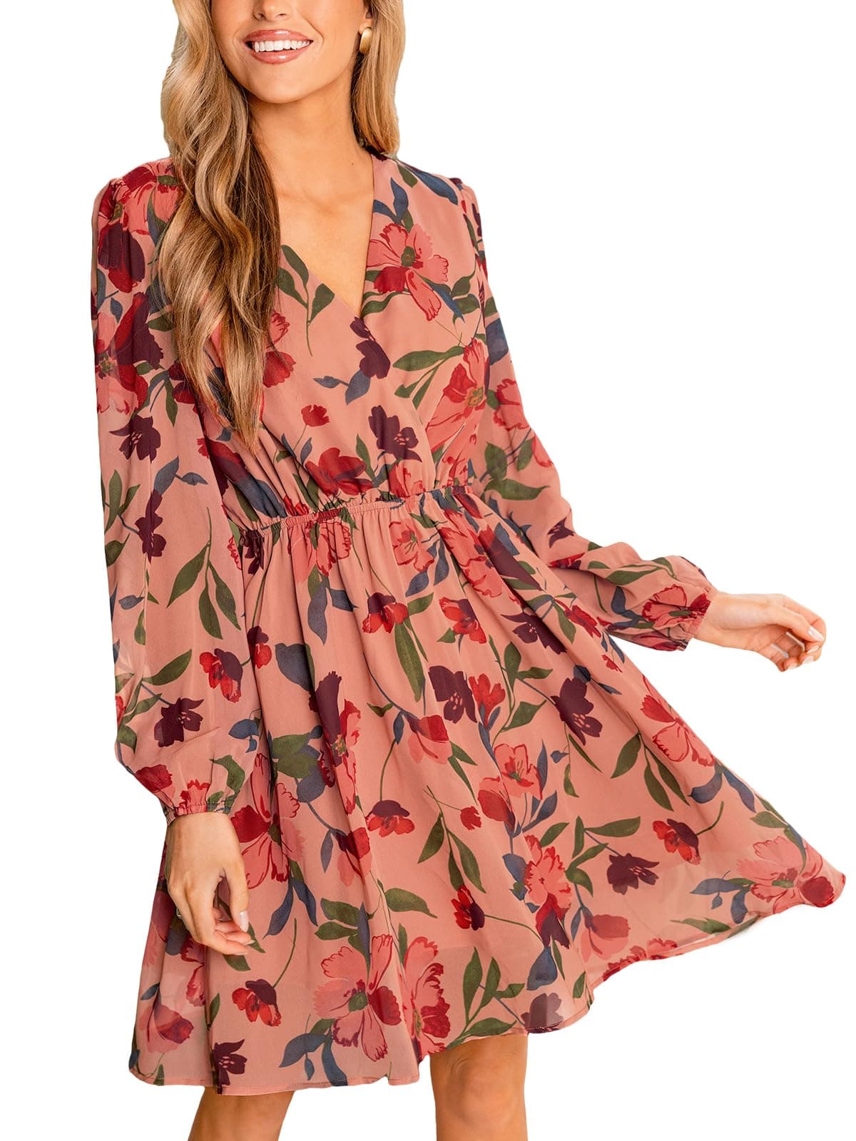 CUPSHE Women's Mini Dresses Casual Spring V Neck Chiffon Long Peasant Sleeves Flowy Spring Dress