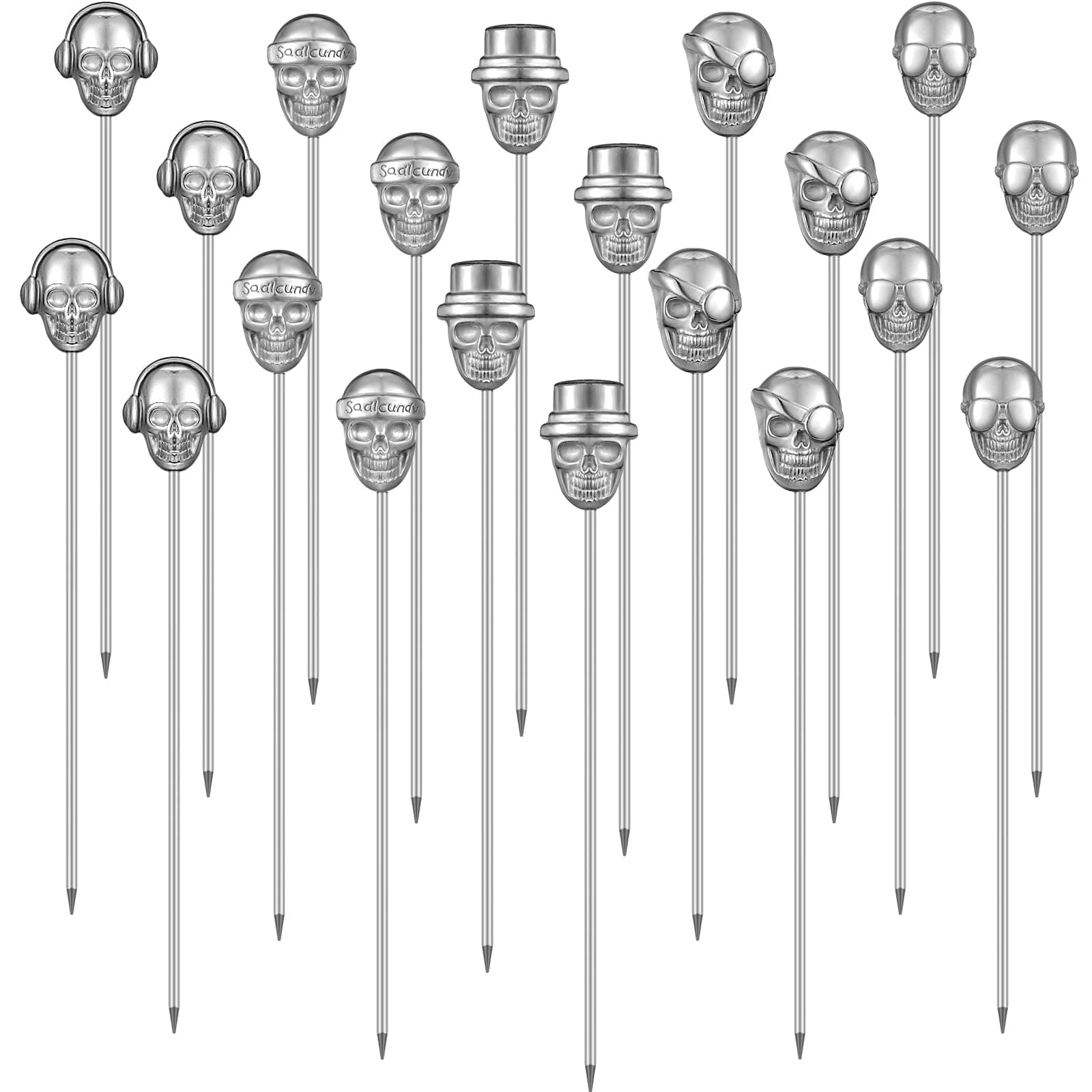 Maxcheck 20 Pcs Halloween Cocktail Picks Stick Skull Tops Martini Picks Cocktail Garnishes for Drinks Silver Skull Stainless Steel Toothpick Reusable Fruit Olive Picks for Party Accessories, 5 Styles