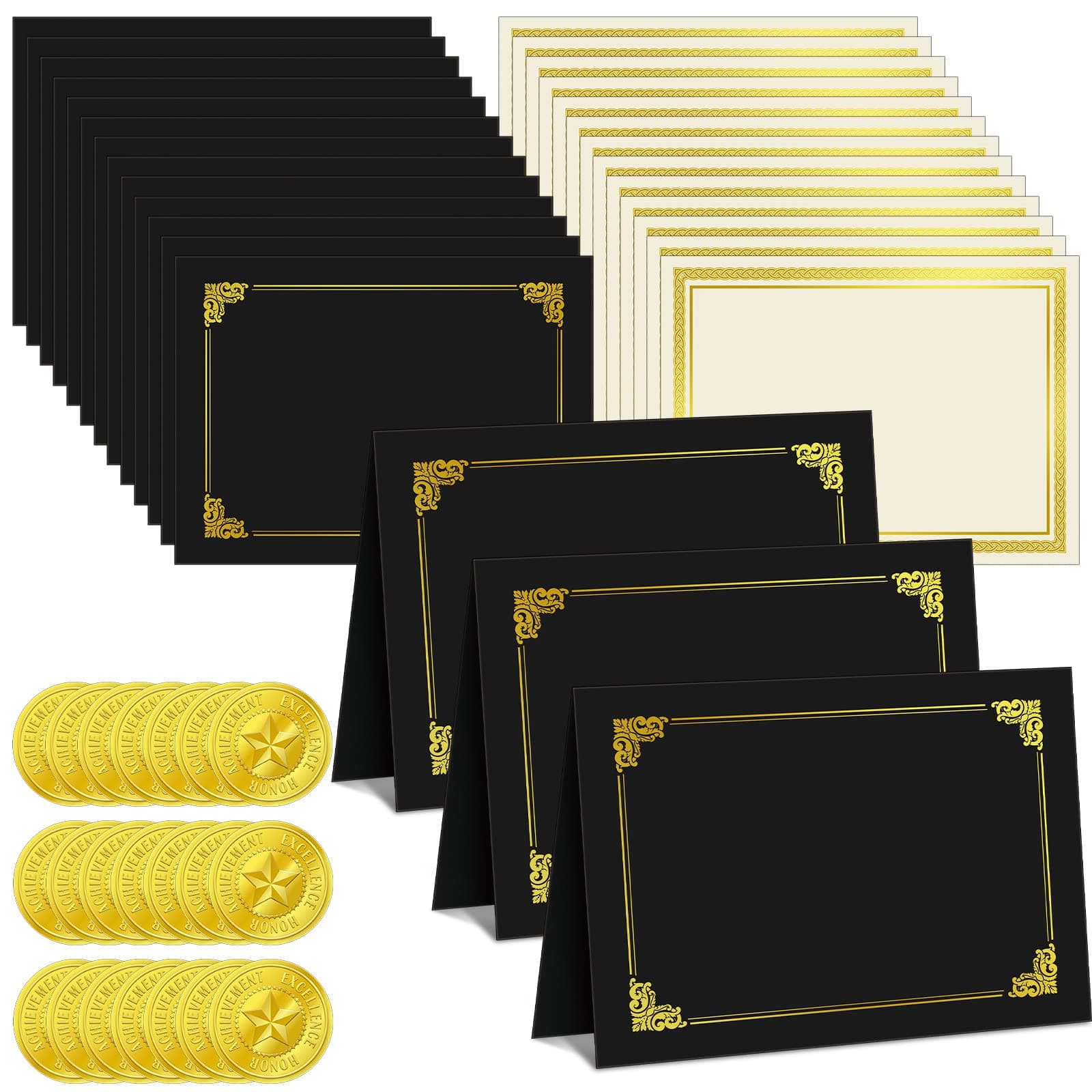 Epakh 72 Pcs Certificate Kit Includes 24 Certificate Holders and 24 Papers 24 Foil Award Seals Stickers Diploma Covers Graduation Competition Supplies(Black, Gold)