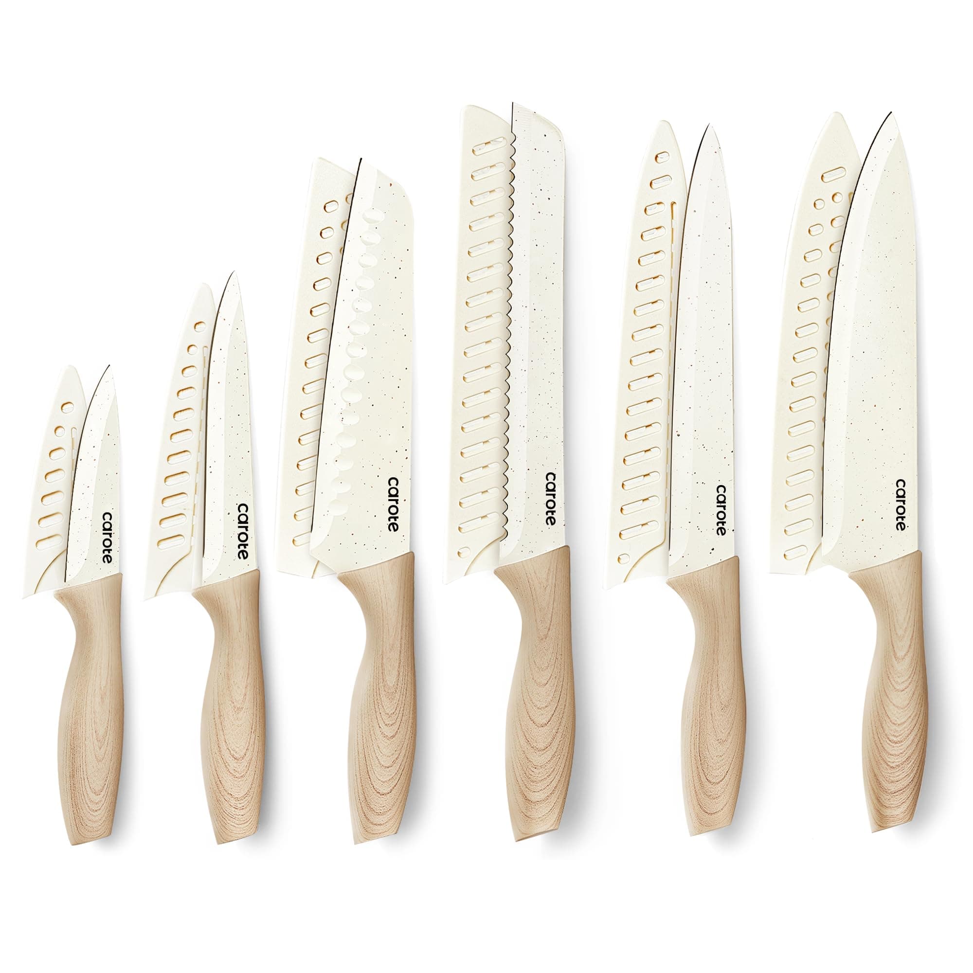 CAROTE 12PCS Knife set with Blade Guards,Granite Nonstick Ceramic Coating,Stainless Steel blade, Anti-Slip Handle, Essential Knives, Rustproof, White