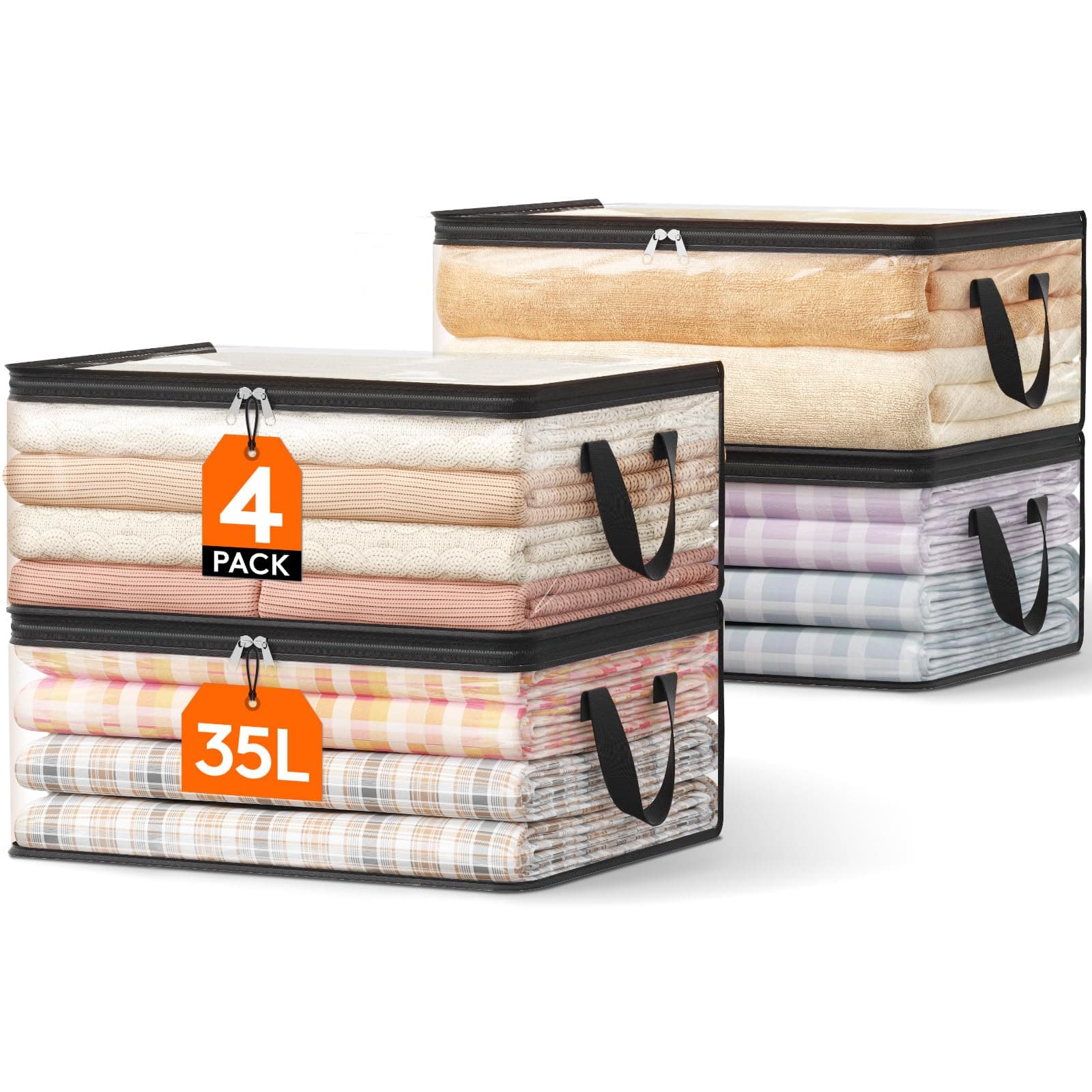 Lifewit 4 Pack Clear Clothes Storage Bags, 35L Plastic Blanket Vinyl Foldable Moving Bags with Zipper, Closet Organizers and Storage Containers for Bedding, Duvet, Pillow