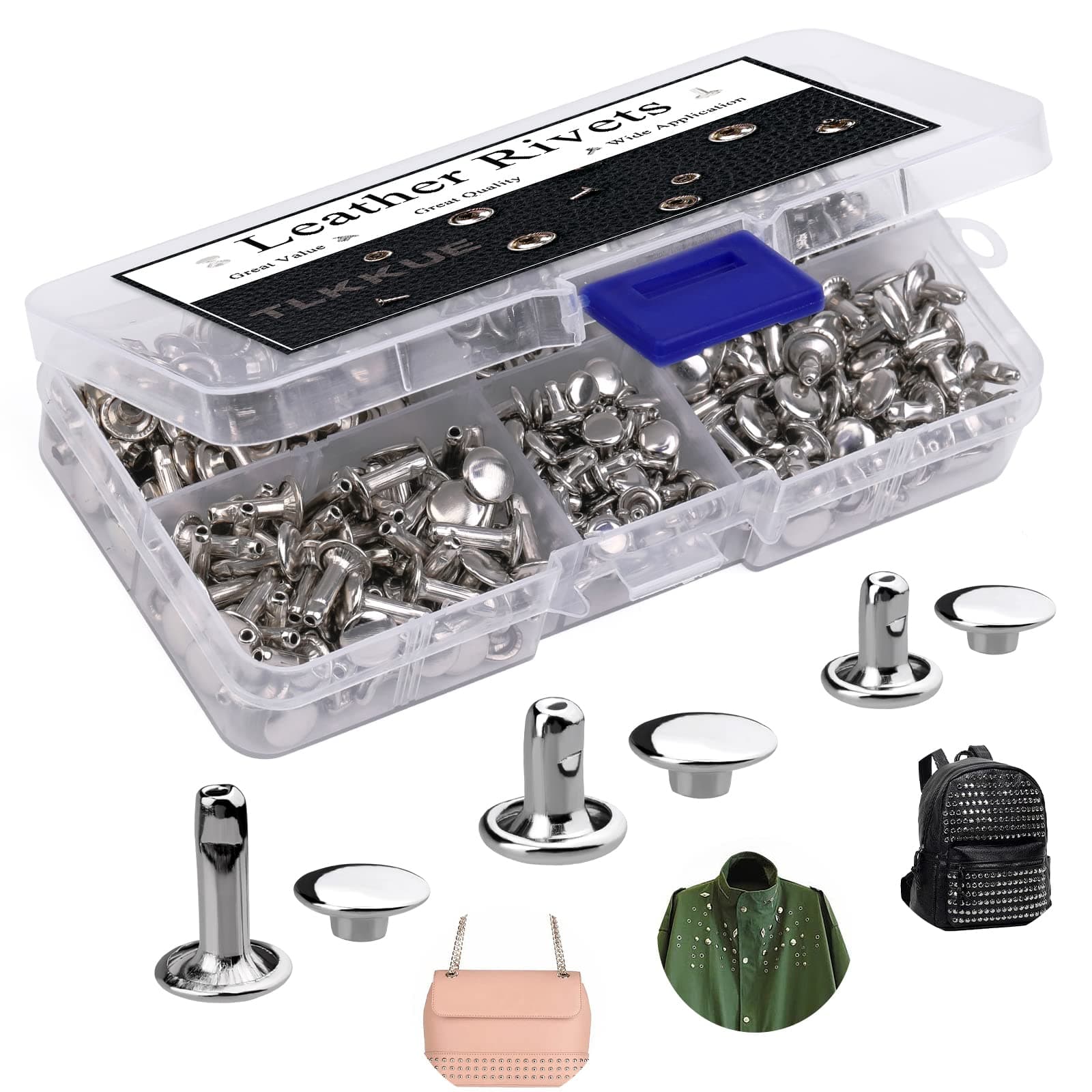 TLKKUE 240 Sets Rivets for Leather, Leather Rivets 3 Sizes Leather Double Cap Rivets for DIY Leather Craft, Bags/Clothes/Shoes/Belts Decoration or Repair (Silver)