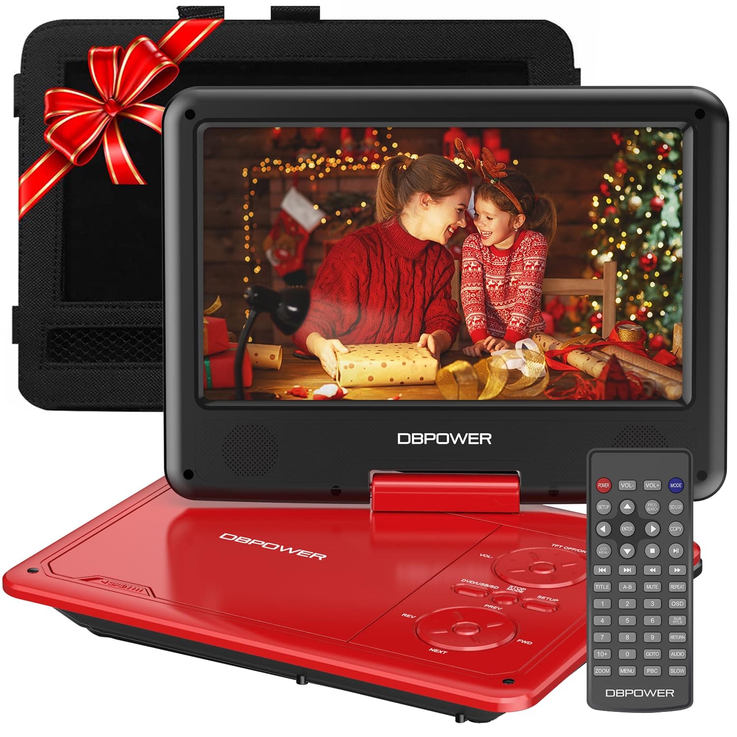 11.5" Portable DVD Player, 5-Hour Built-in Rechargeable Battery, 9" Swivel Screen, Support CD/DVD/SD Card/USB, Remote Control, 1.8 Meter Car Charger, Power Adaptor and Car Headrest (Red)
