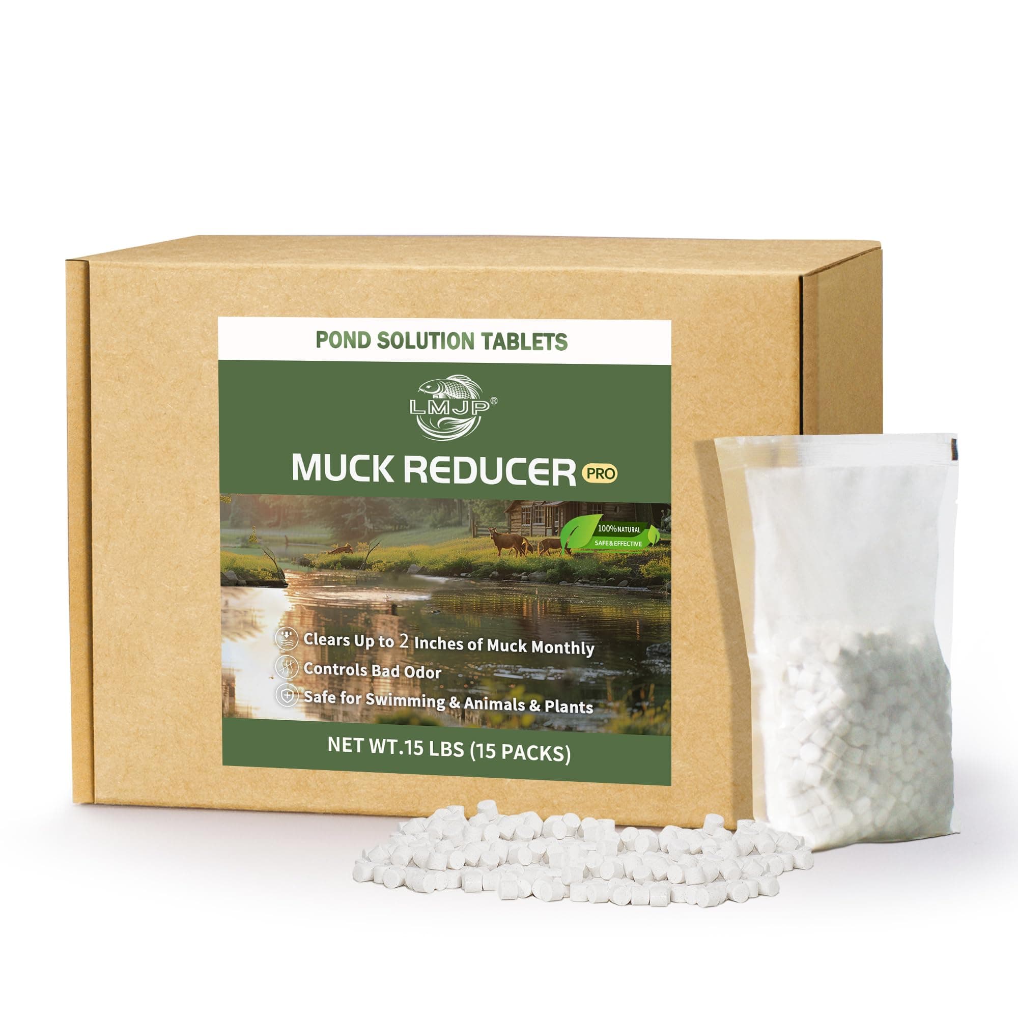 Muck Reducer - 15LB Natural Sludge Solution Tablets for Ponds & Lakes, Away Muck & Odor Control, Safe for Aquatic Life, Wildlife & Recreation, Treats Up to 90,000 Sq Ft
