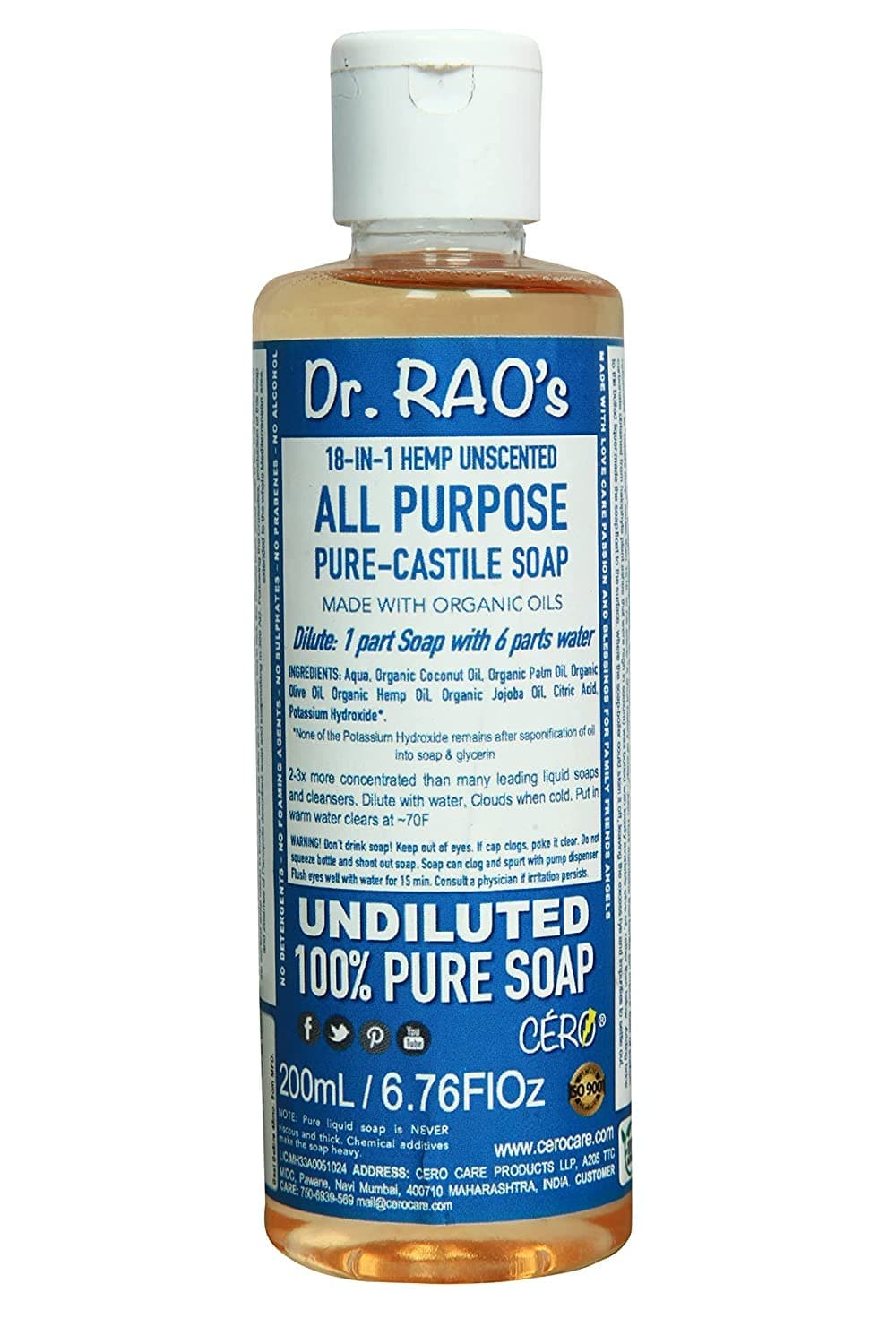 Cero® Dr Rao's Unscented All Purpose Pure Castile Soap For Suitable For Dish Wash, Laundry, Made With Organic Oils, 100% Pure Soap, Undiluted - (200ml)