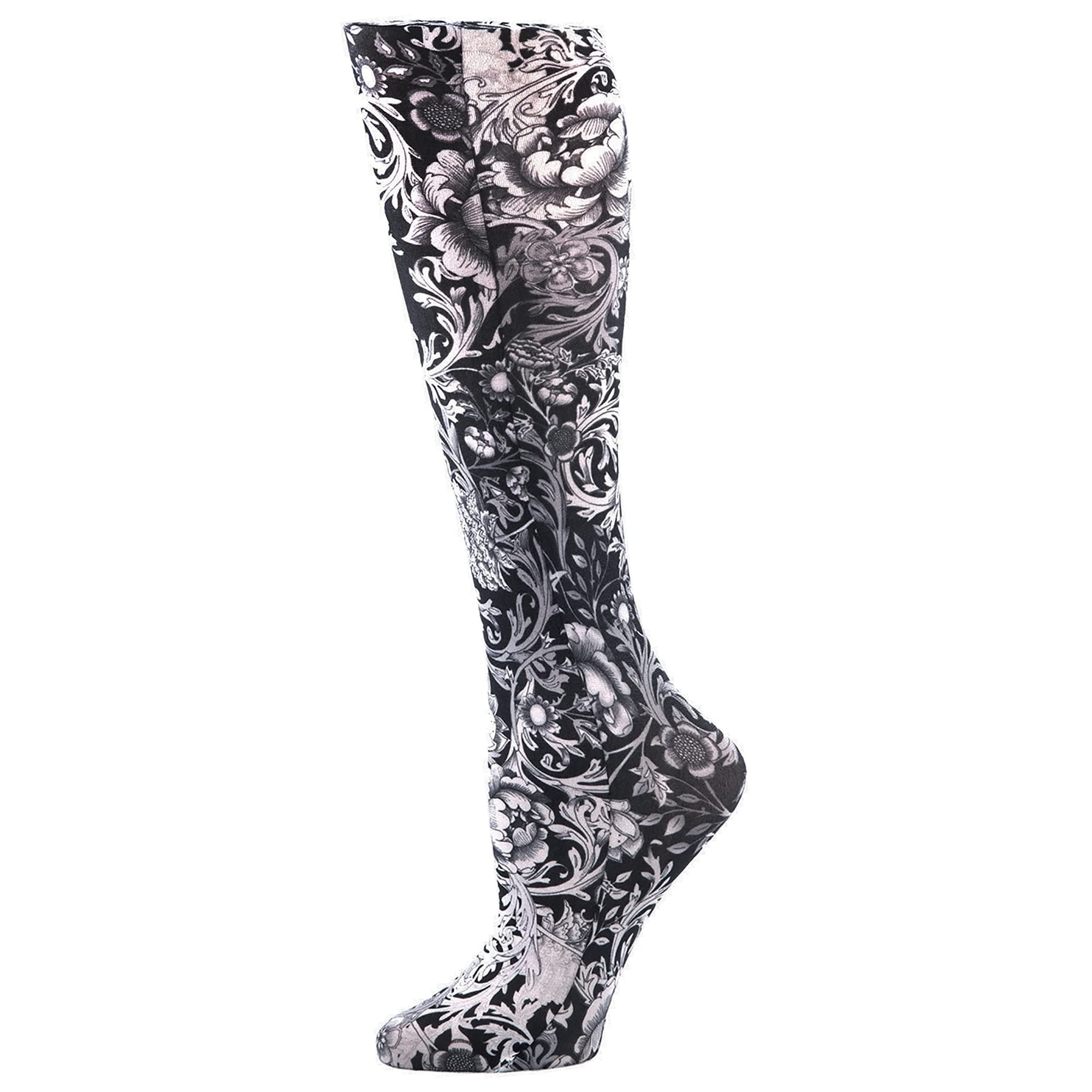 Celeste SteinTherapeutic Graduated Compression Socks, Black White Vines and Roses, 8-15 mmHg Regular Calf, One Size (CMPS)