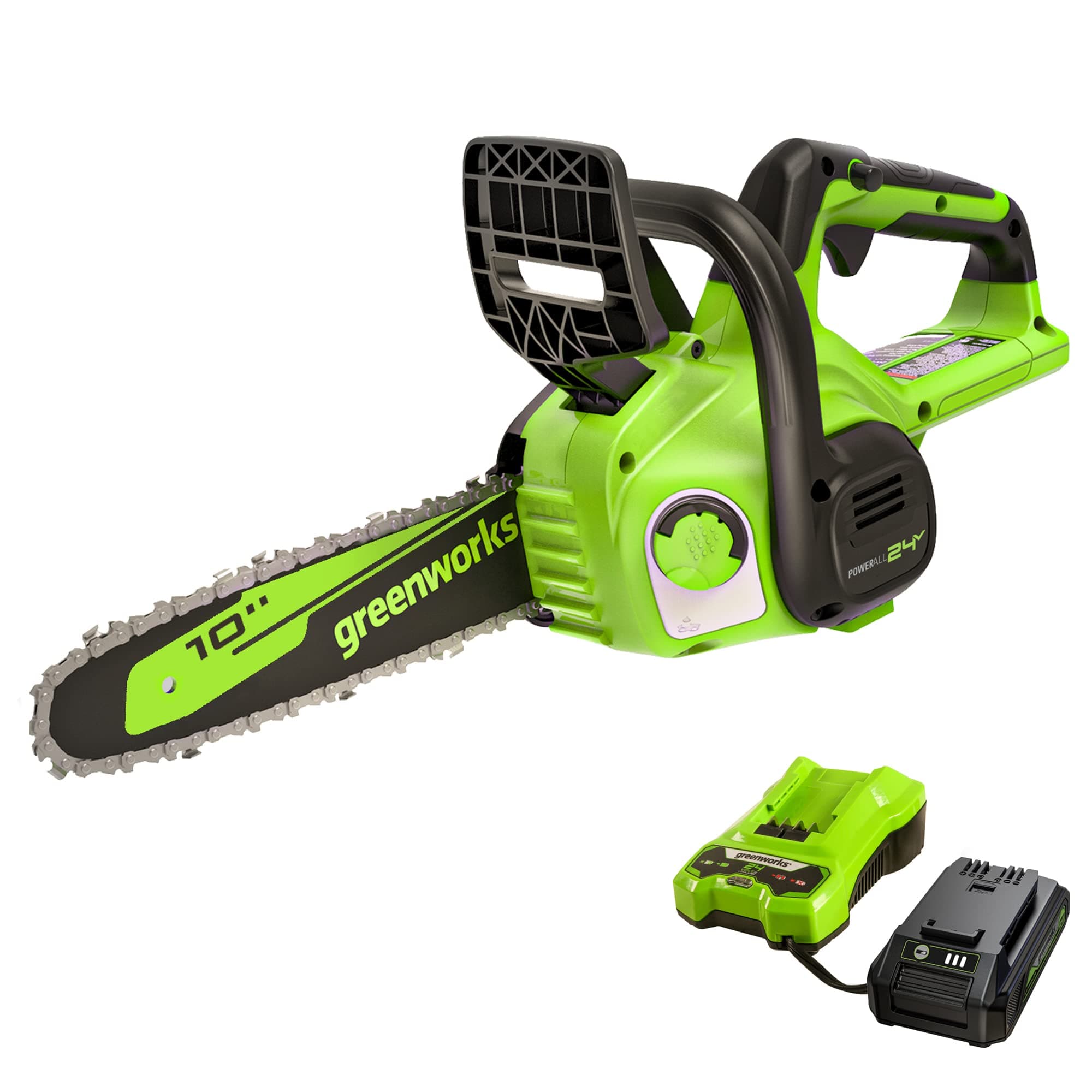 Greenworks 24V 10" Cordless Compact Chainsaw (Great For Storm Clean-Up, Pruning, and Firewood), 2.0Ah Battery and Charger Included