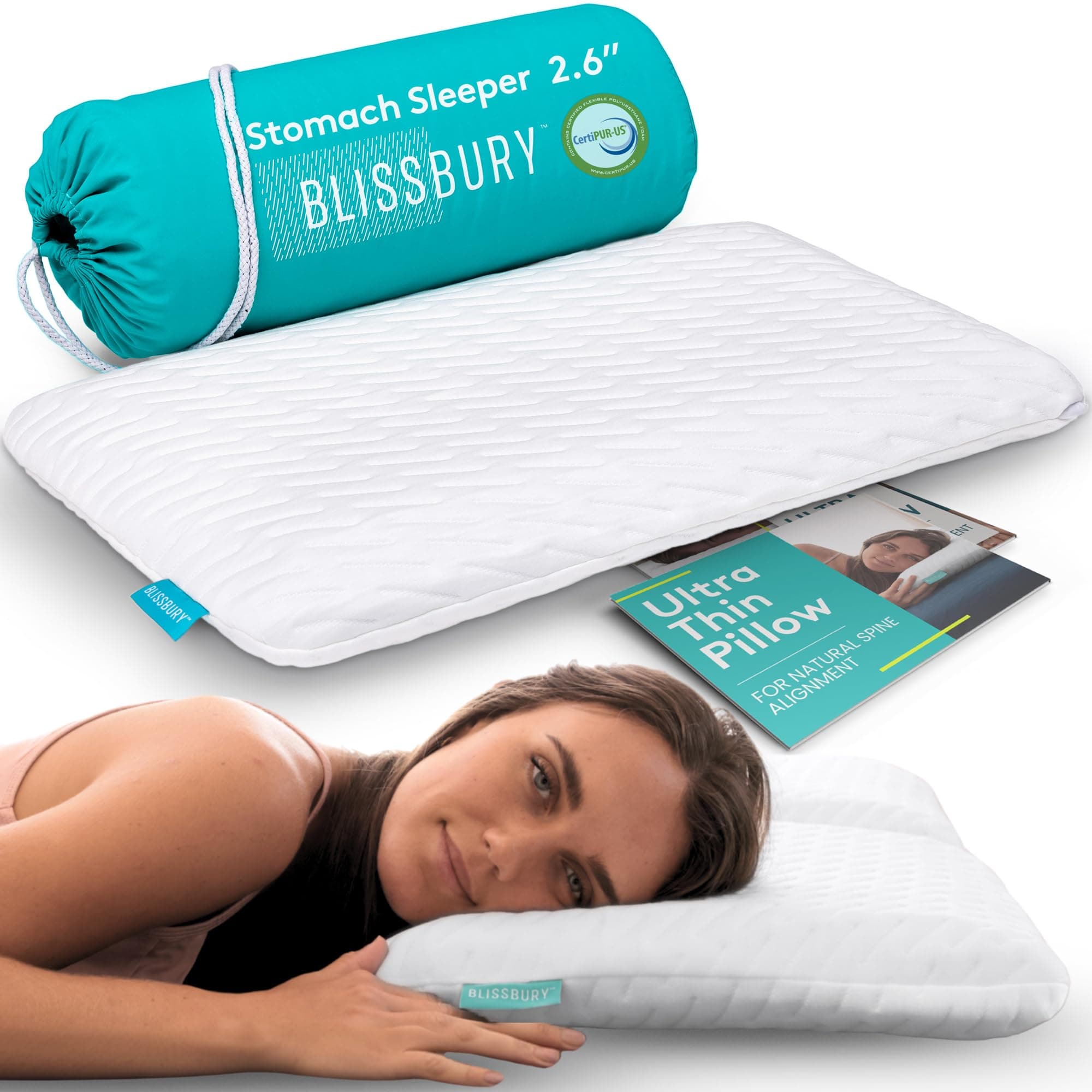 BLISSBURY Stomach Sleeping Pillow – Ultra Thin 2.6" Memory Foam for Neck and Cervical Support | Flat Pillow for Belly Sleeper | Low Loft Design for Comfort and Better Sleep