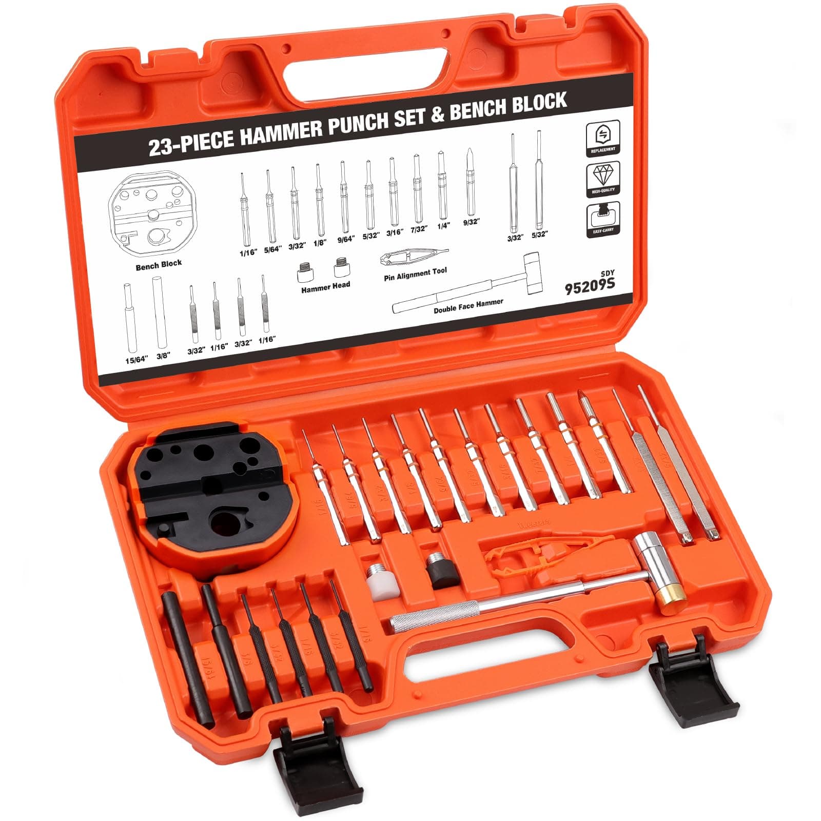 HORUSDY 23-Piece Punch Set Roll Pin Punch Set and Hammer with Bench Block, Punch Tool Ideal for Maintenance
