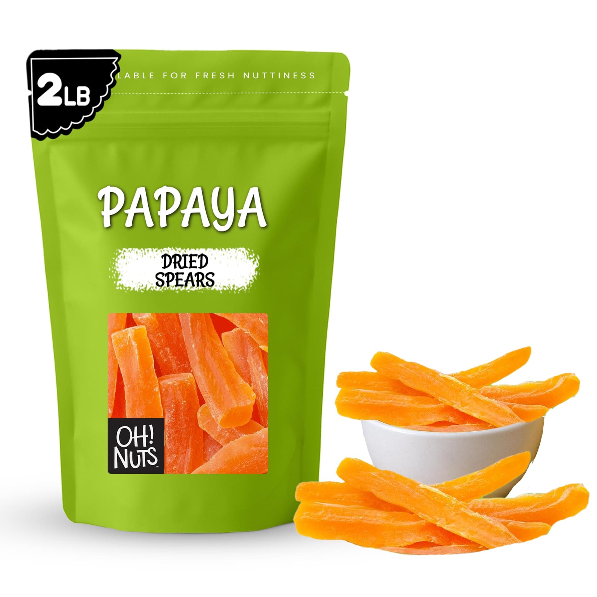 Oh! Nuts Dried Papaya Spears - 2 lb - Dried Fruit Spears - Less Sugar Added - Dehydrated Fruit Bites - Packed in New York Zip-Seal Bag for Exceptional Freshness