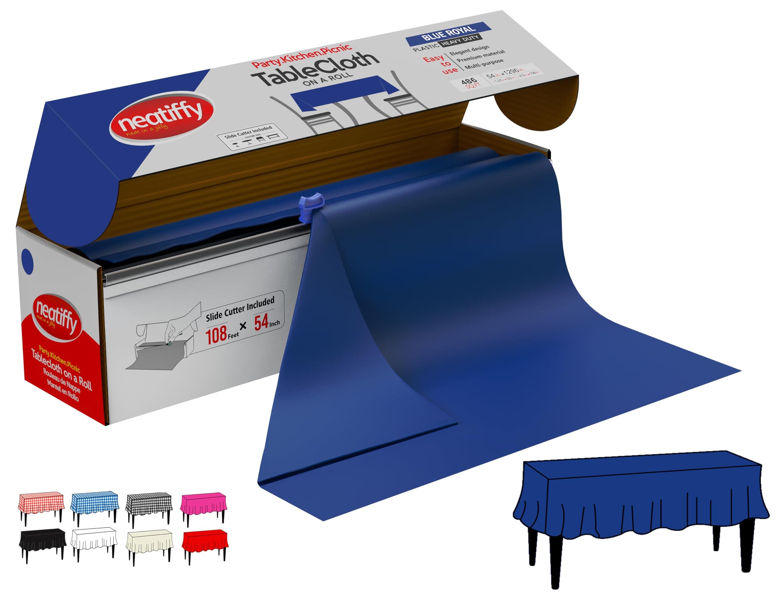 Neatiffy Disposable Plastic Table Cloth Roll | 54 in x 108 Ft Waterproof Tablecloth | Table Cover for Rectangle, Square, Round Oval Tables | Picnic, Party, Banquet, Birthdays, Weddings - Royal Blue