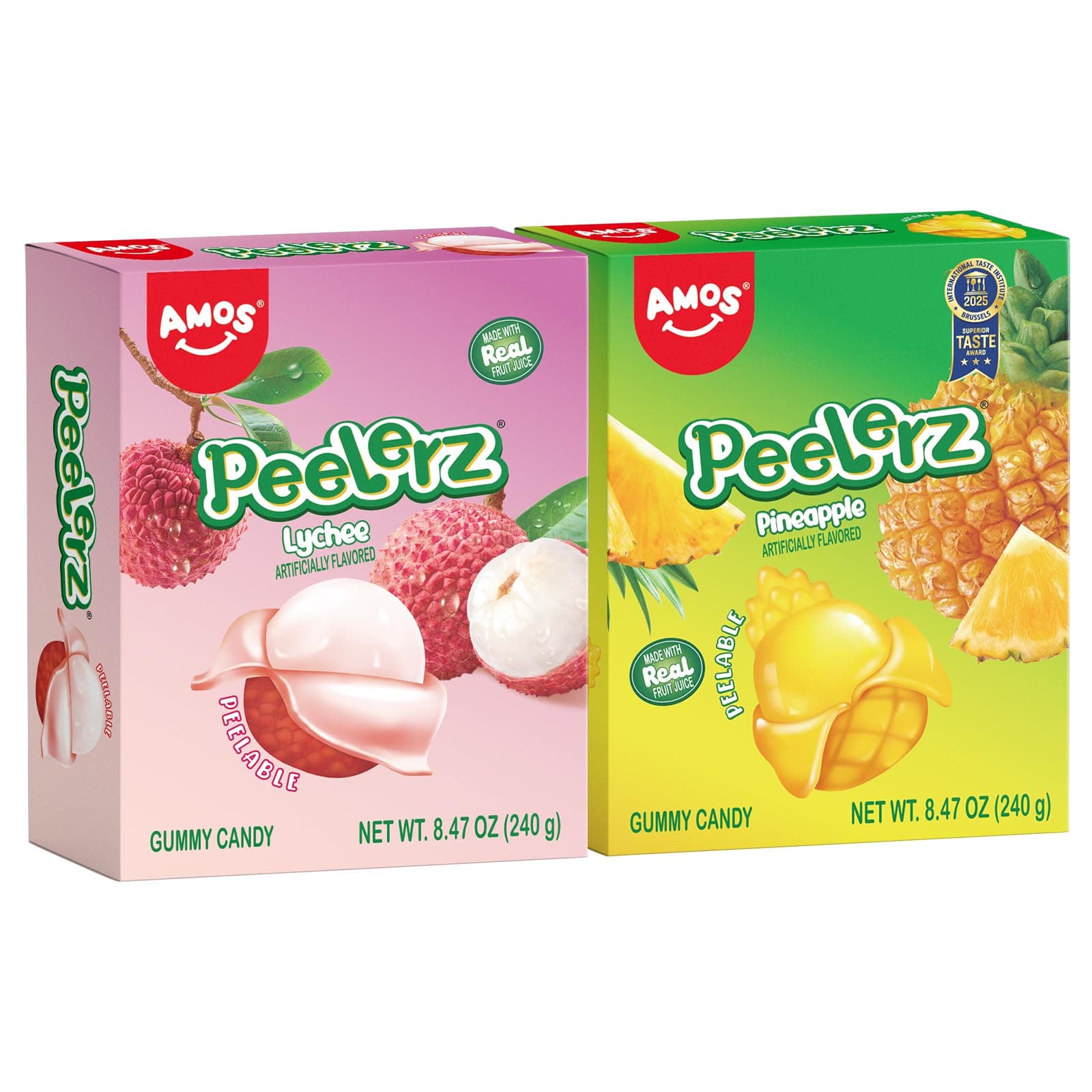 AMOS Peelerz Lychee & Pineapple Gummy Candy, Peelable Fruit-Shaped Candy, 8.47oz Box with 10 Individual Packs – Fun Peeling Gummy Snack Made with Real Juice (2-Box Bundle)