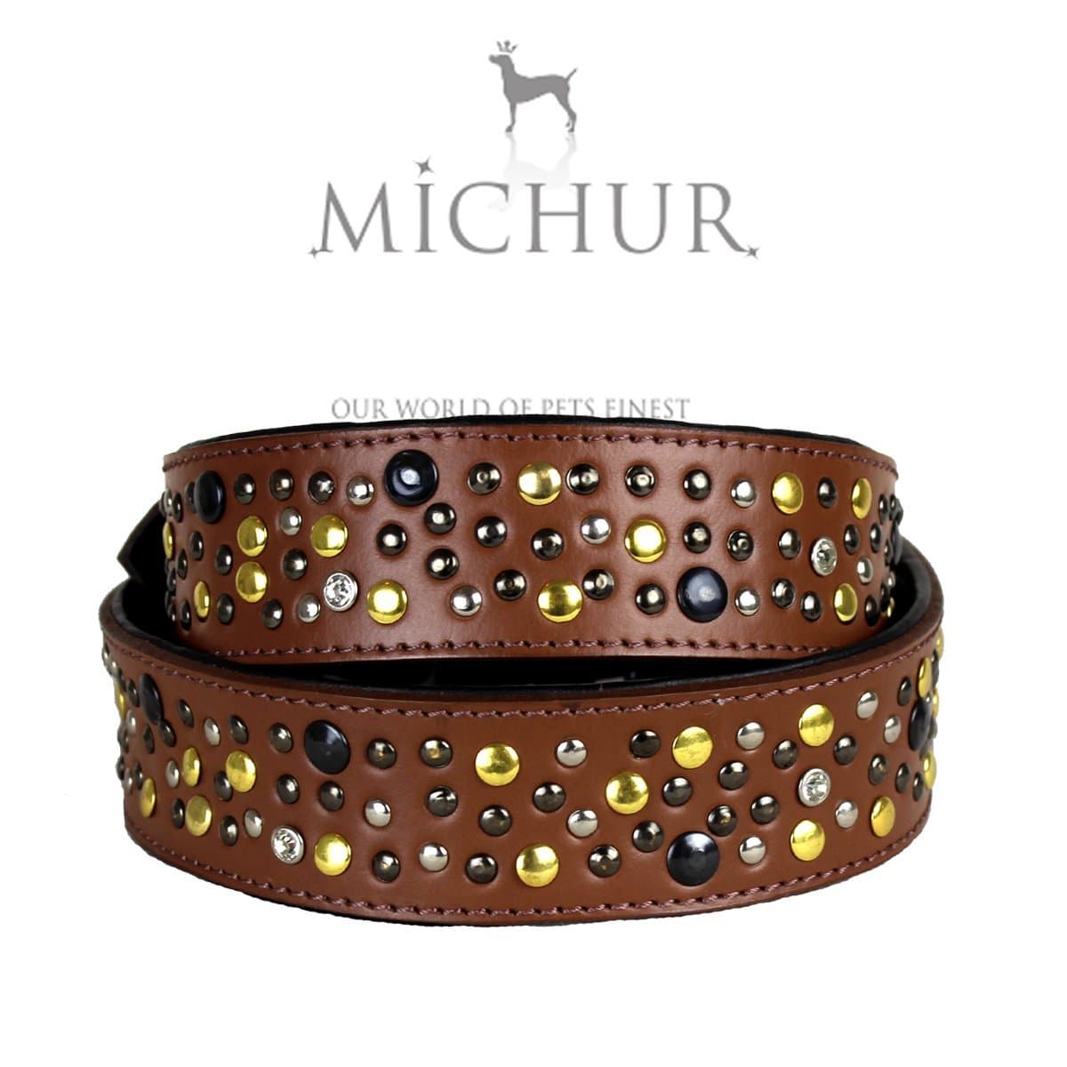 Michur Reiko brown leather collar with rivets for dogs available in different sizes