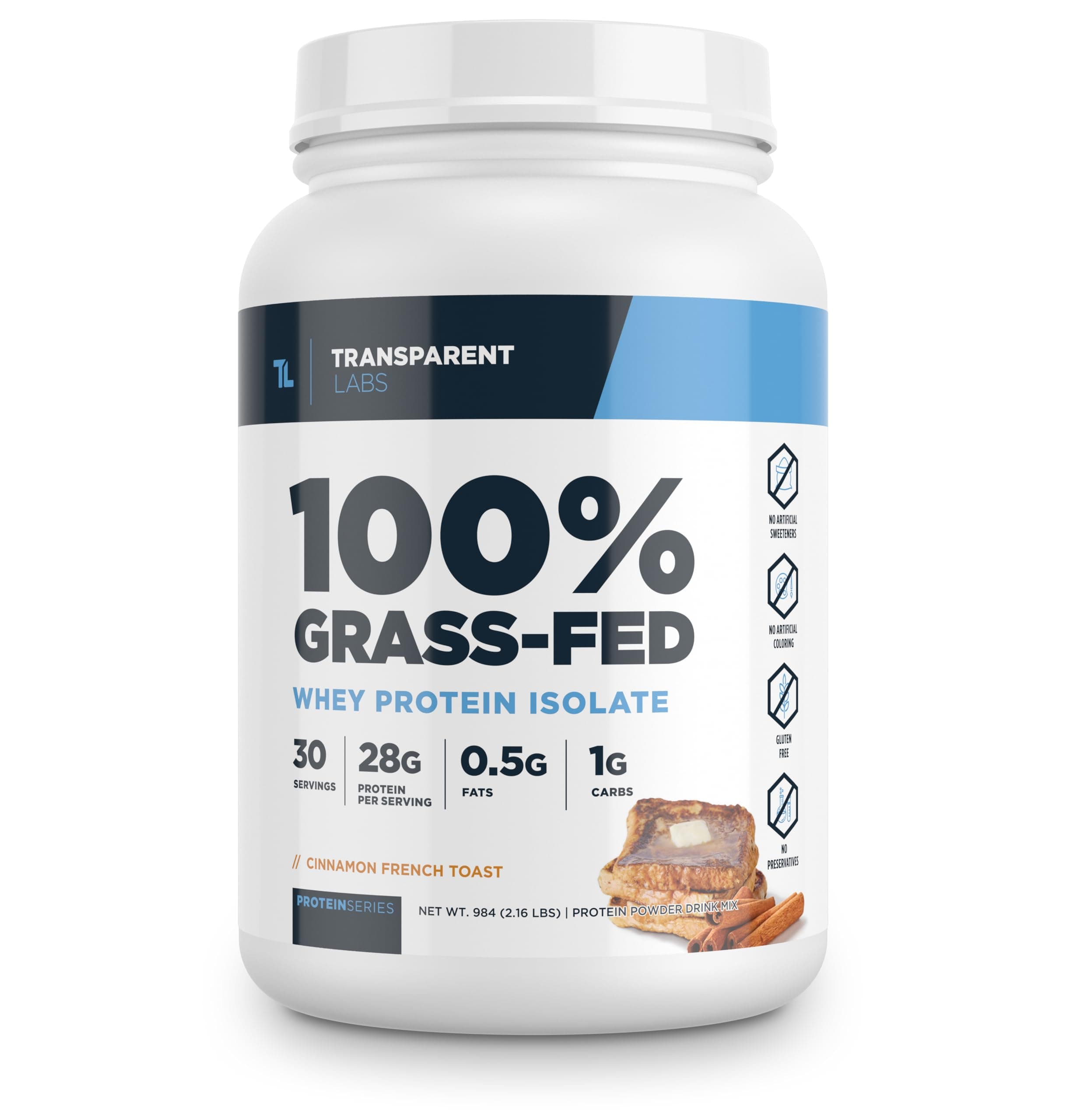 Transparent Labs Grass-Fed Whey Protein Isolate - Natural Flavor, Gluten Free Whey Protein Powder w/ 28g of Protein per Serving & 9 Essential Amino Acids - 30 Servings, Cinnamon French Toast