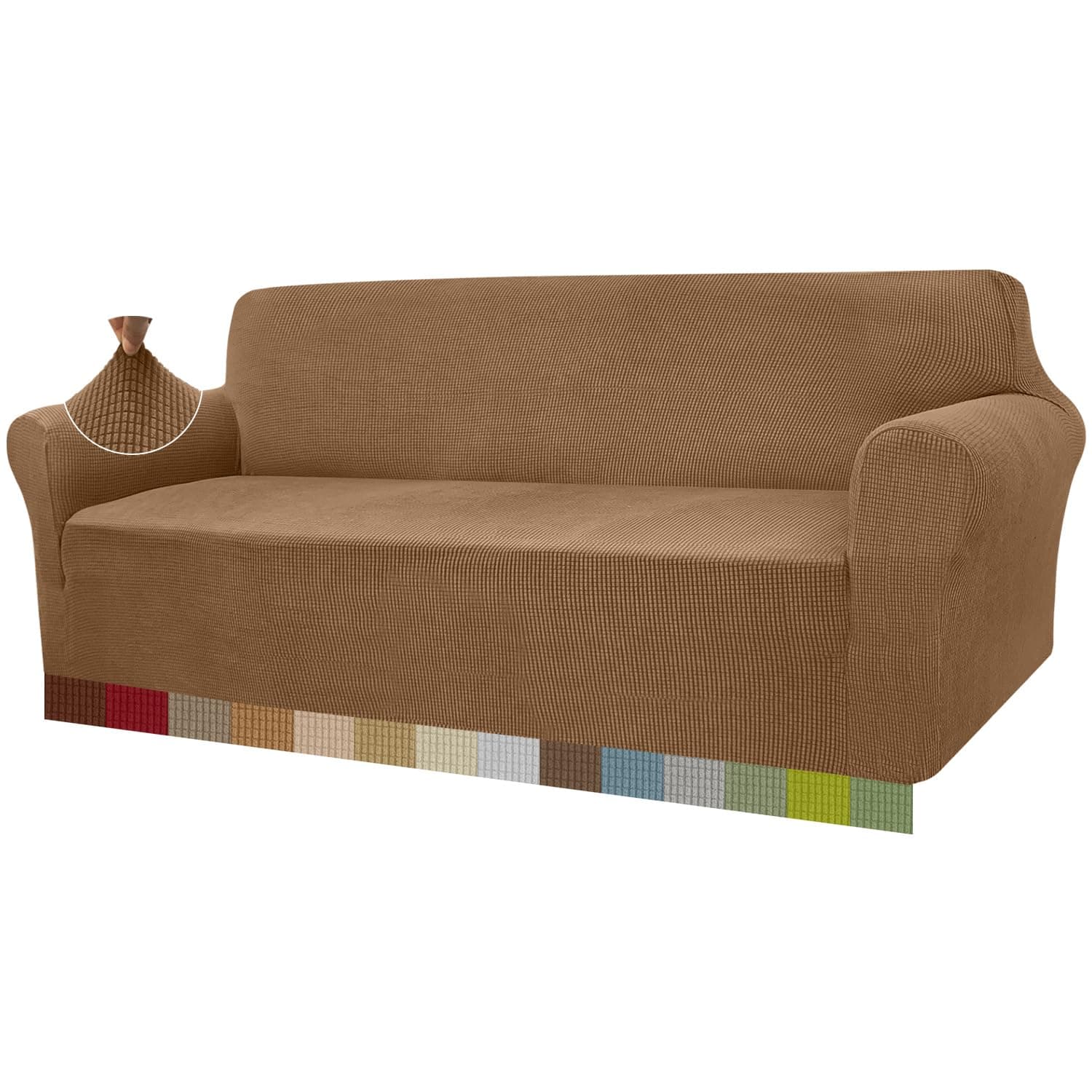 Granbest High Stretch Sofa Covers 4 Seater Super Soft Extra Large Couch Covers for Dogs Pets Cats Jacquard Spandex Non Slip Sofa Slipcover Furniture Protector with Elastic Bottom (4 Seater, Khaki)