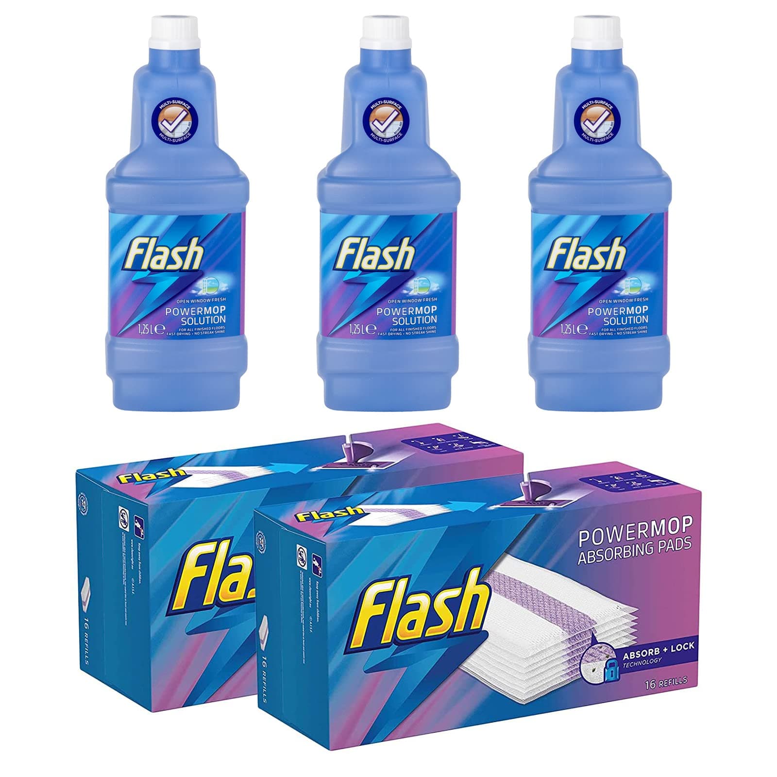 Flash Power Mop Bundle Pack of 3 x 1.25L Sea Minerals Cleaning Solution + 24 x Refill Pads