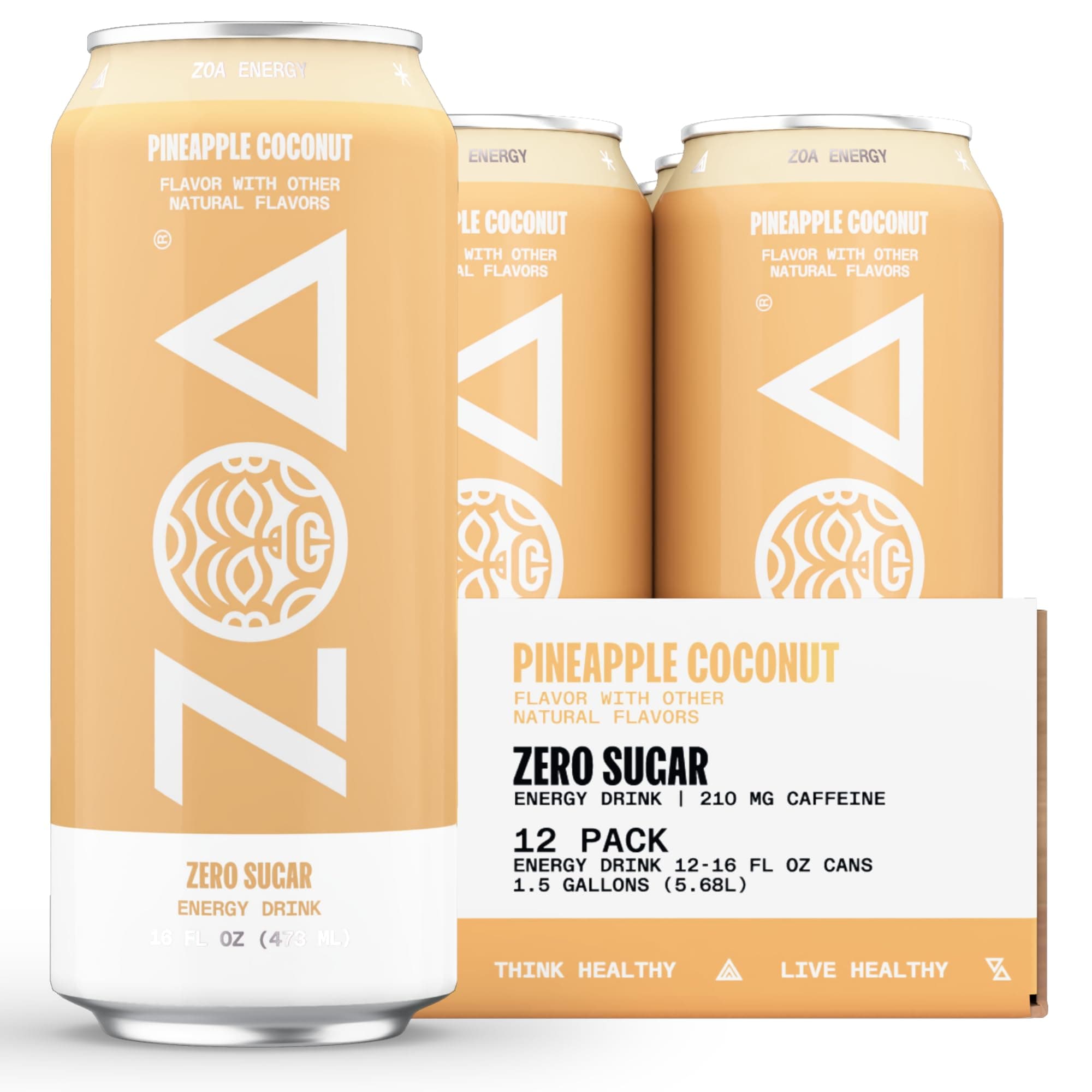 Zero Sugar Energy Drinks, Pineapple Coconut - Sugar Free with Electrolytes, Healthy Vitamin C, Amino Acids, Essential B-Vitamins, and Caffeine from Green Tea - 16 Fl Oz (12-Pack)