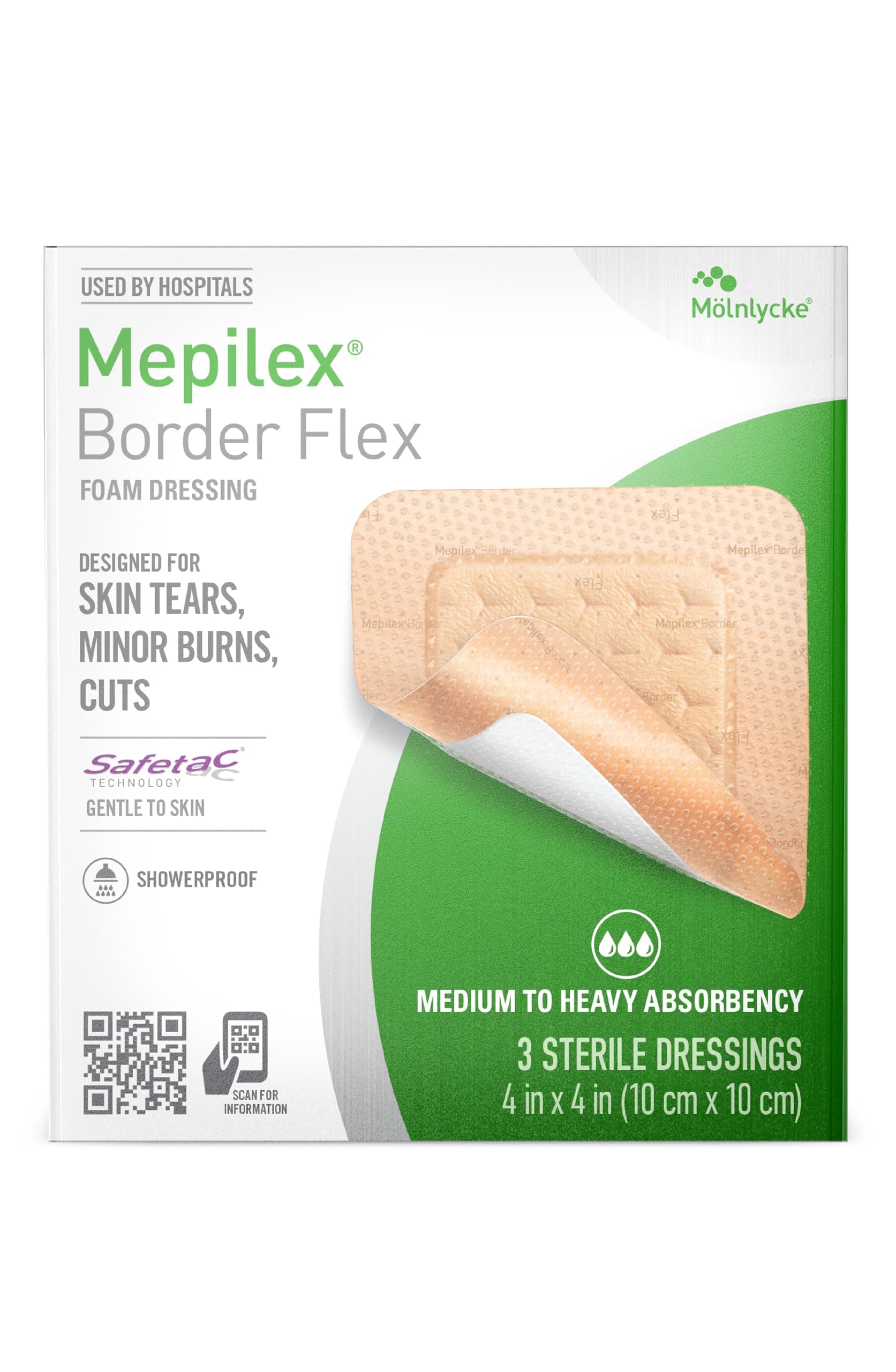 Mepilex Border Flex 4 x 4 in (10 x 10 cm) Hospital Grade Dressings for Skin Tears, Minor Burns and Cuts Waterproof Adhesion for Up to 7-Day Use