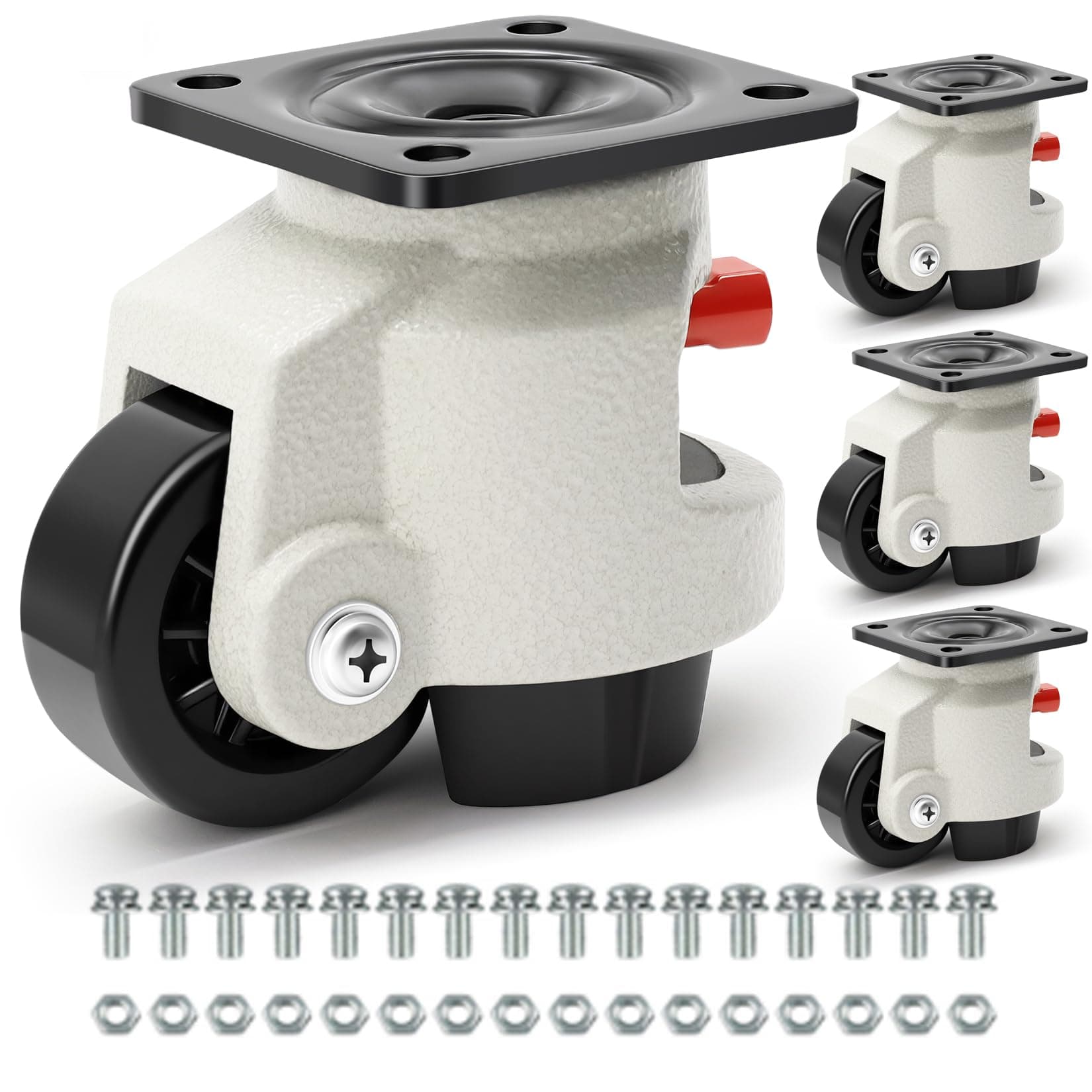 Leveling Castors with Adjustable Ratchet Handle, 1000kg Load Capacity, 360° Swivel Castors Wheels Set of 4, Retractable Heavy Duty Caster for Furniture Workbench, Machine,Equipment