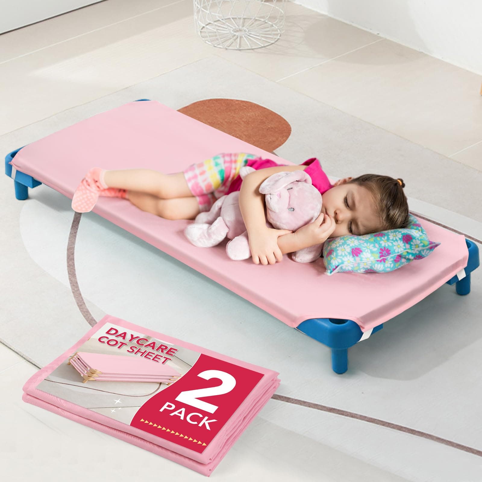 2 Pcs Cot Sheets for Daycare, 23" x 51", Pink Daycare Cot Size Sheet with Corner Elastic Loops for Child Boys Girls, Daycare Essentials for Toddler and Preschool, Breathable Microfiber