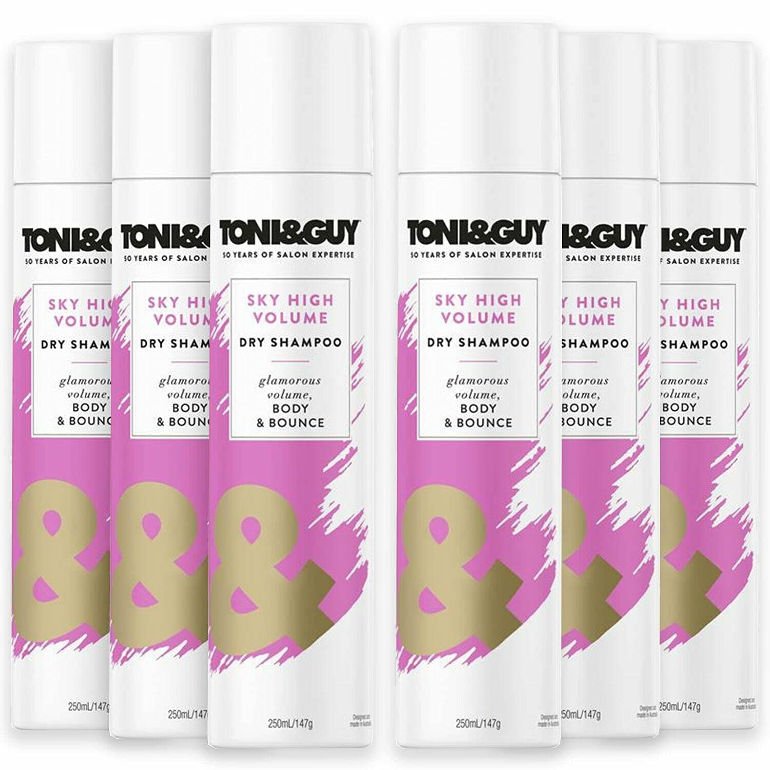 6 Pack of Toni & Guy Sky High Volume Shampoo for Instant Volume and Glamourous Bounce with Static Control, 250ml with Oil-Absorbing Formula to Boost Volume
