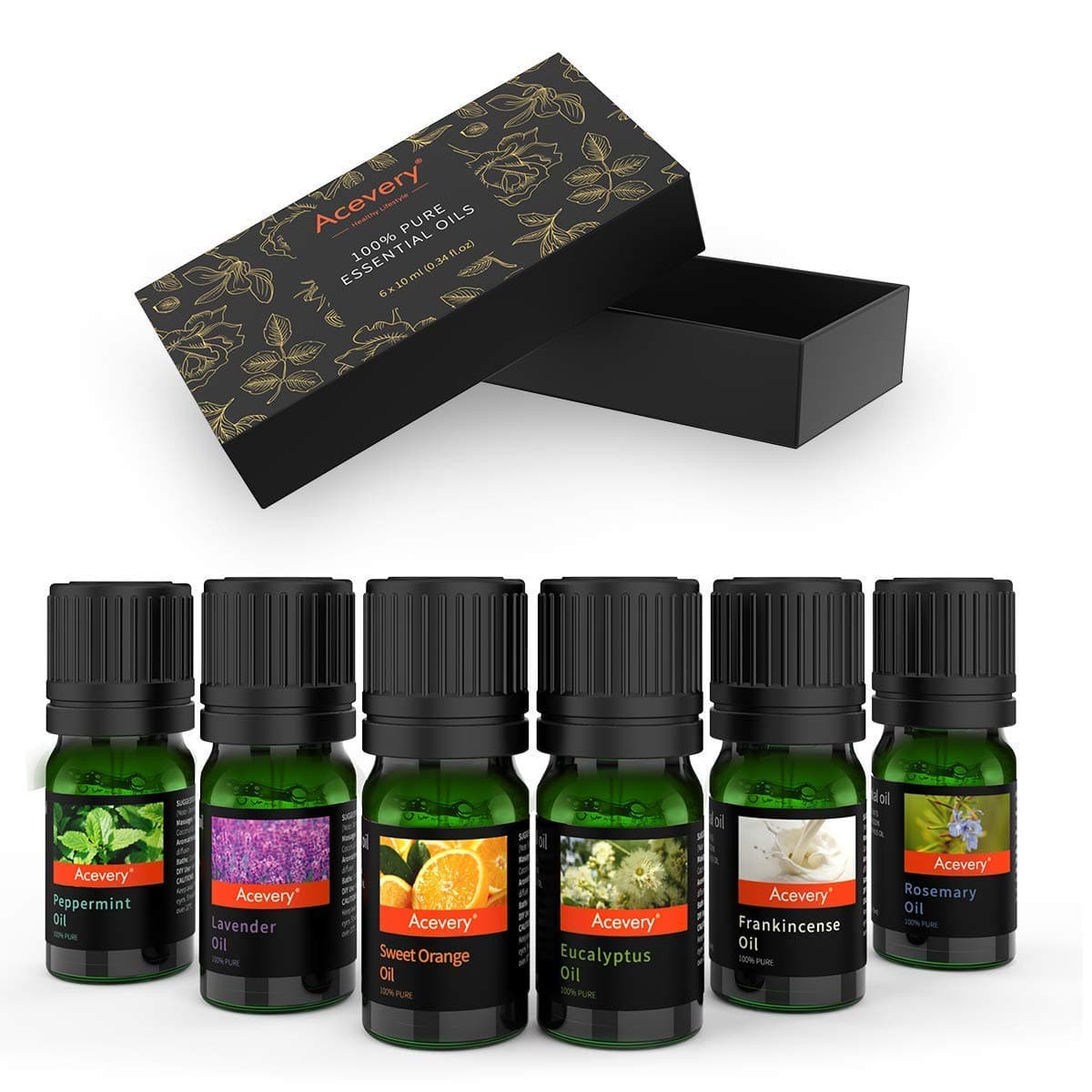 Essential Oils Set Acevery Aromatherapy Oils 6 x 10ml Pack 100 Percent Pure Gift Set Includes Peppermint, Rosemary, Orange, Eucalyptus, Lavender, and Frankincense