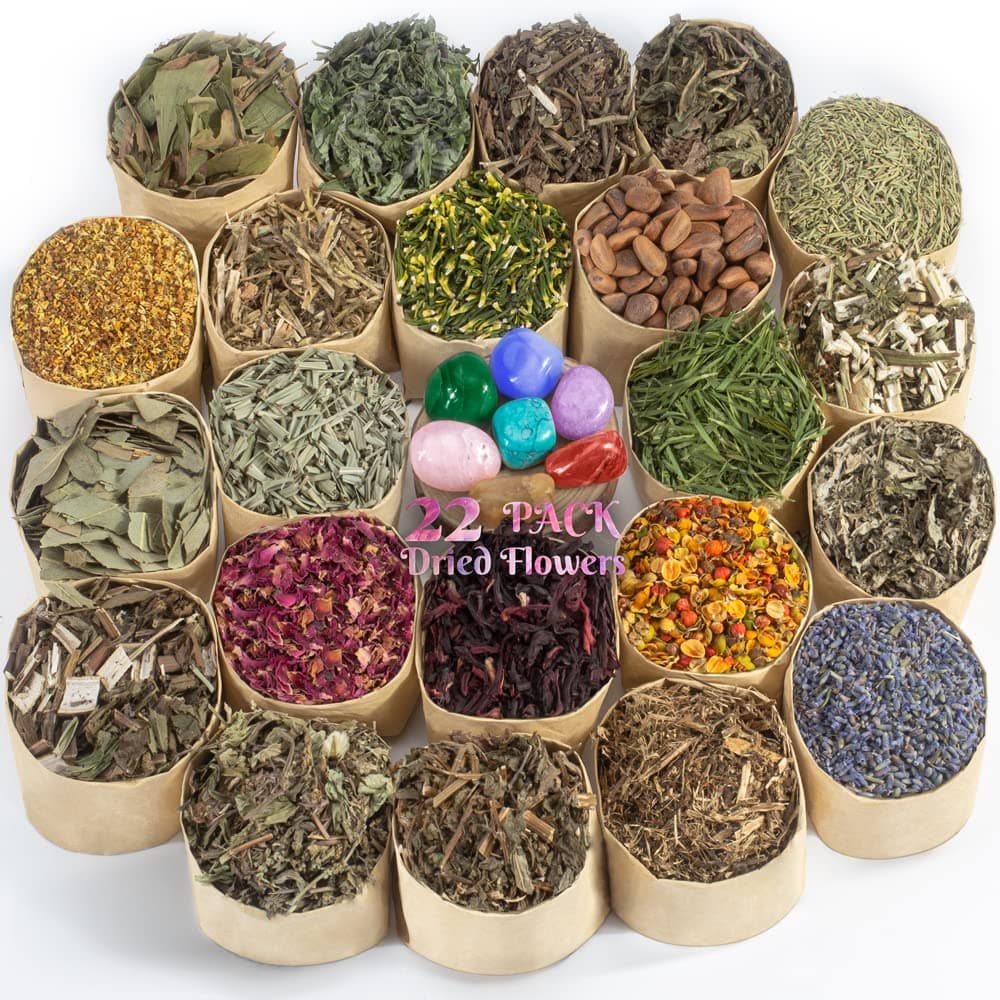 Dried Herbs for Witchcraft Supplies - 22 Witch Herbs Kit for Wicca, Pagan and Magic Spells,Altar Supplies, Ritual Root Spell Collection, with 7 Pcs Crystals Chakra Stones