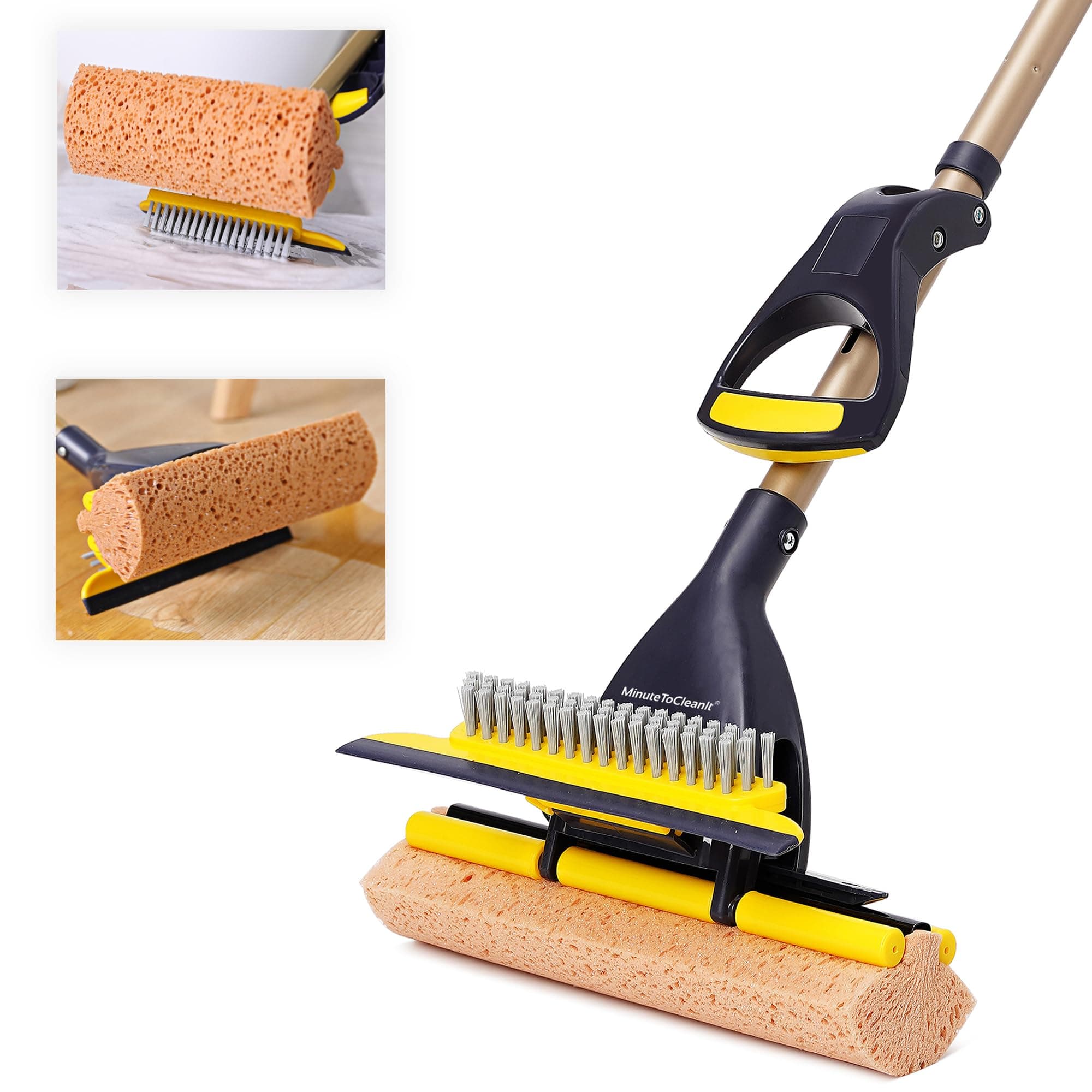 MinuteToCleanIt 3 in 1 Sponge Mop with Squeezer For Floor Cleaning, Honeycomb Sponge, Brush and Wiper for Multipurpose Cleaning of Tile, Glass, Kitchen and Bathroom – 53.2 inch Extendable Pole, Yellow