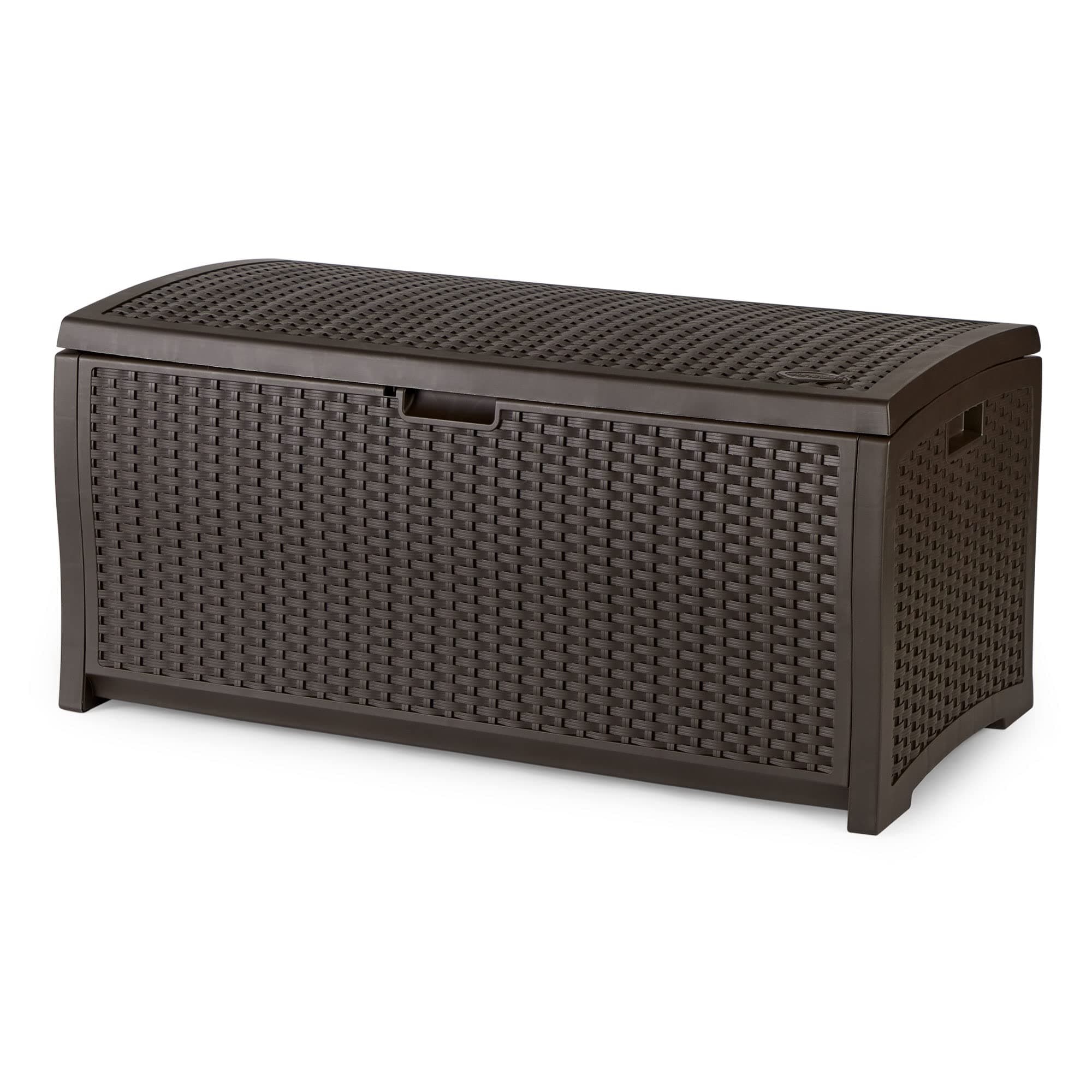 Outdoor Storage Box - 73 Gallon Mocha Brown Deck Box for Patio, Waterproof Outdoor Storage Bench, Resin Wicker Style, Heavy-Duty, Lockable Lid for Cushions, Shoes, Pool & Garden Gear