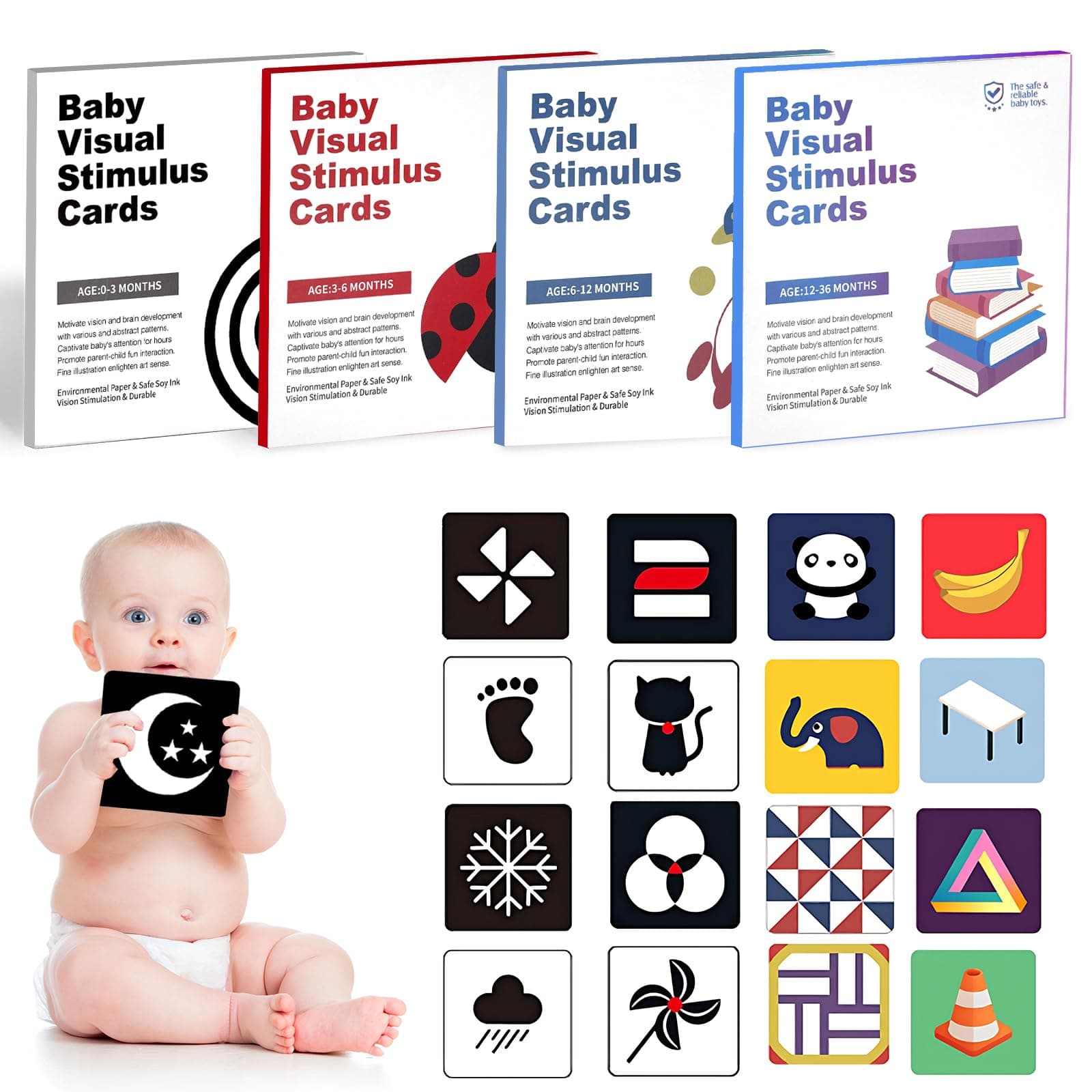 Flash Cards Baby Visual Stimulation Cards for 0-3-6-12-36 Months, 0-3 Months Infant Newborn Tummy Time Toys Gifts 5.5''×5.5'' Large for Sensory Development Black White Card Set