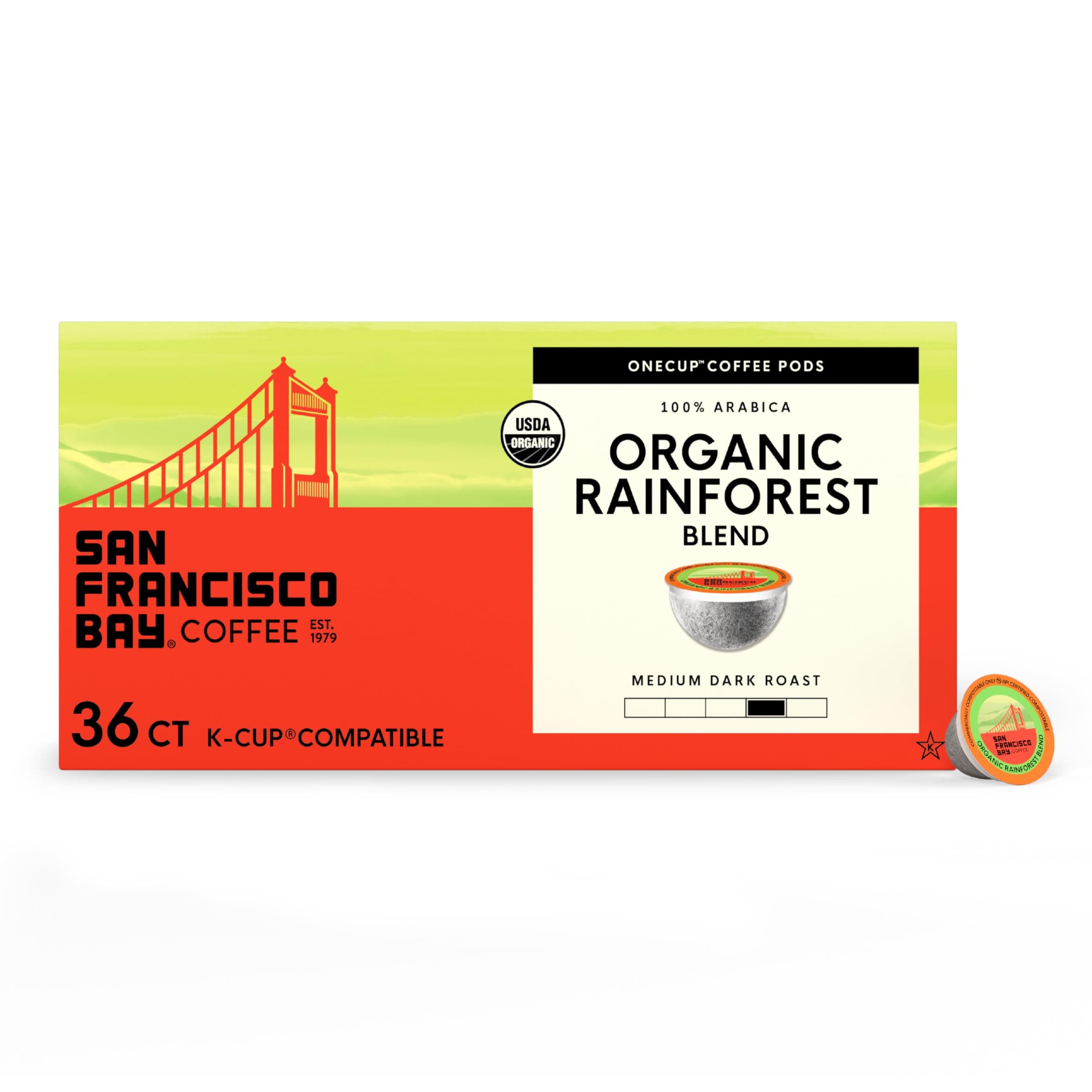 San Francisco Bay K-Cup Coffee Pods, Organic Rainforest Blend (36 ct), Medium-Dark Roast, Commercially Compostable USDA Organic Single-Serve Coffee Pods