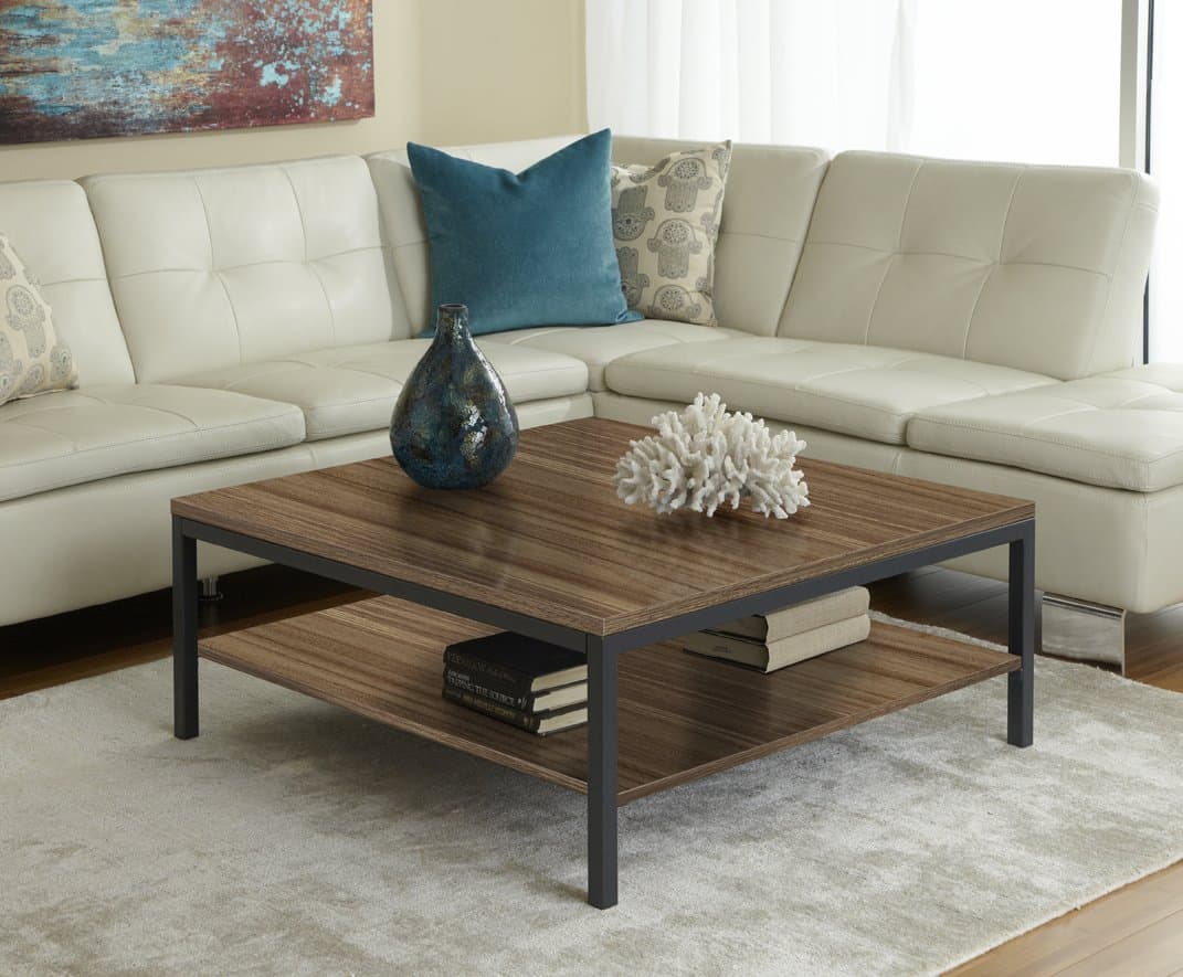 Unique Furniture Square Coffee Table with Shelf, Walnut