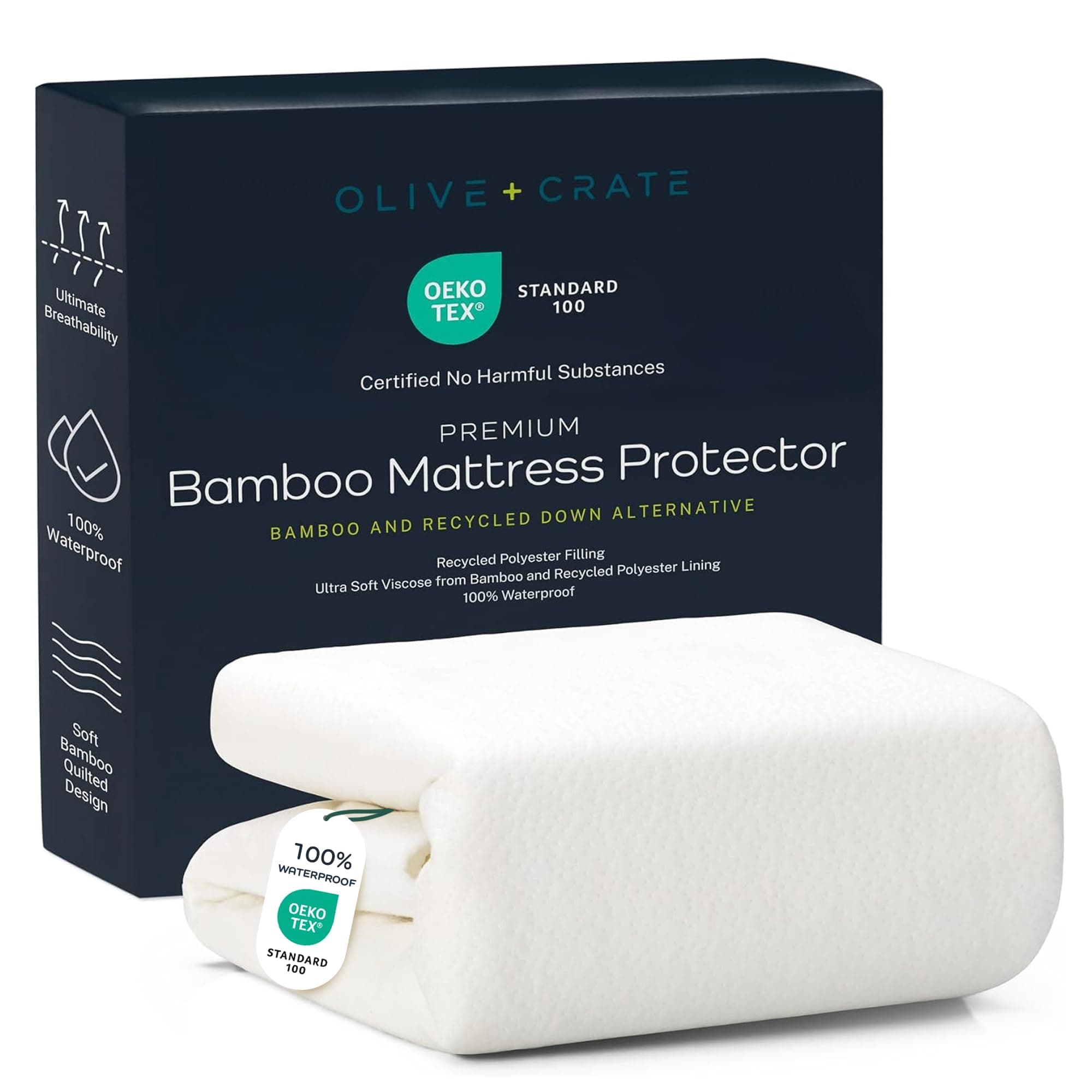 Olive + Crate 100% Viscose Bamboo Mattress Protector - Eco-Conscious Cooling Mattress Cover - Waterproof Hypoallergenic Protection - Breathable Queen Size Shield Against Dust & Spills