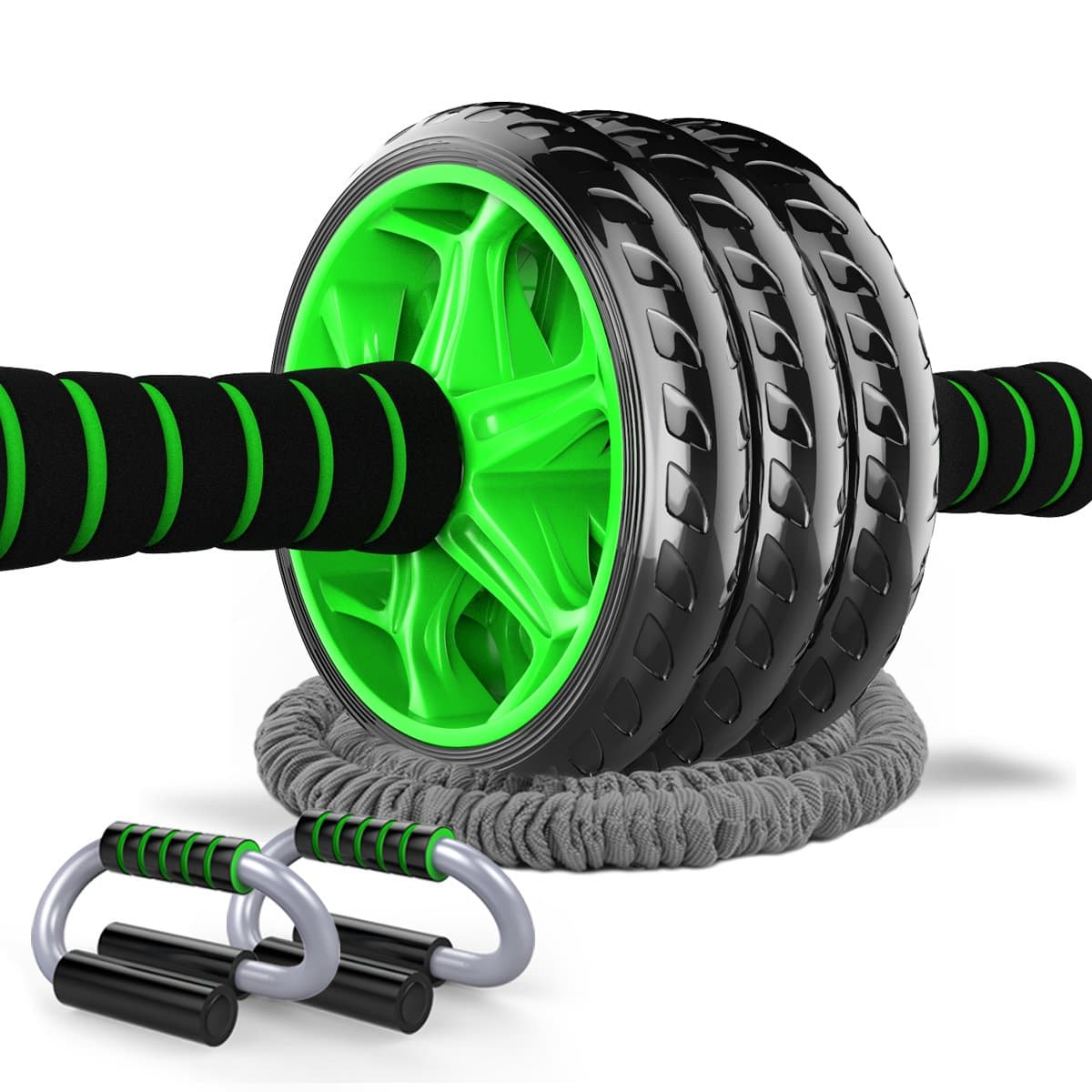 HELANG 3-Wheel Ab Roller Wheel Abdominal Exercise Carver Green with Push Up Bar and Resistance Band