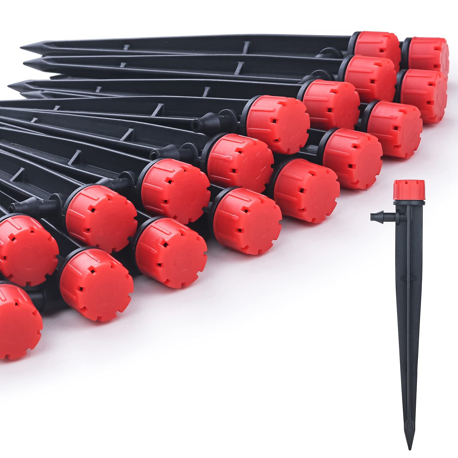 100pcs Drip Emitters for 1/4" Drip Irrigation Tubing, Adjustable 360 Degree Water Flow Drippers on 5" Arrow Stake, Garden Irrigation Drippers for (4-7mm) Watering System Kit