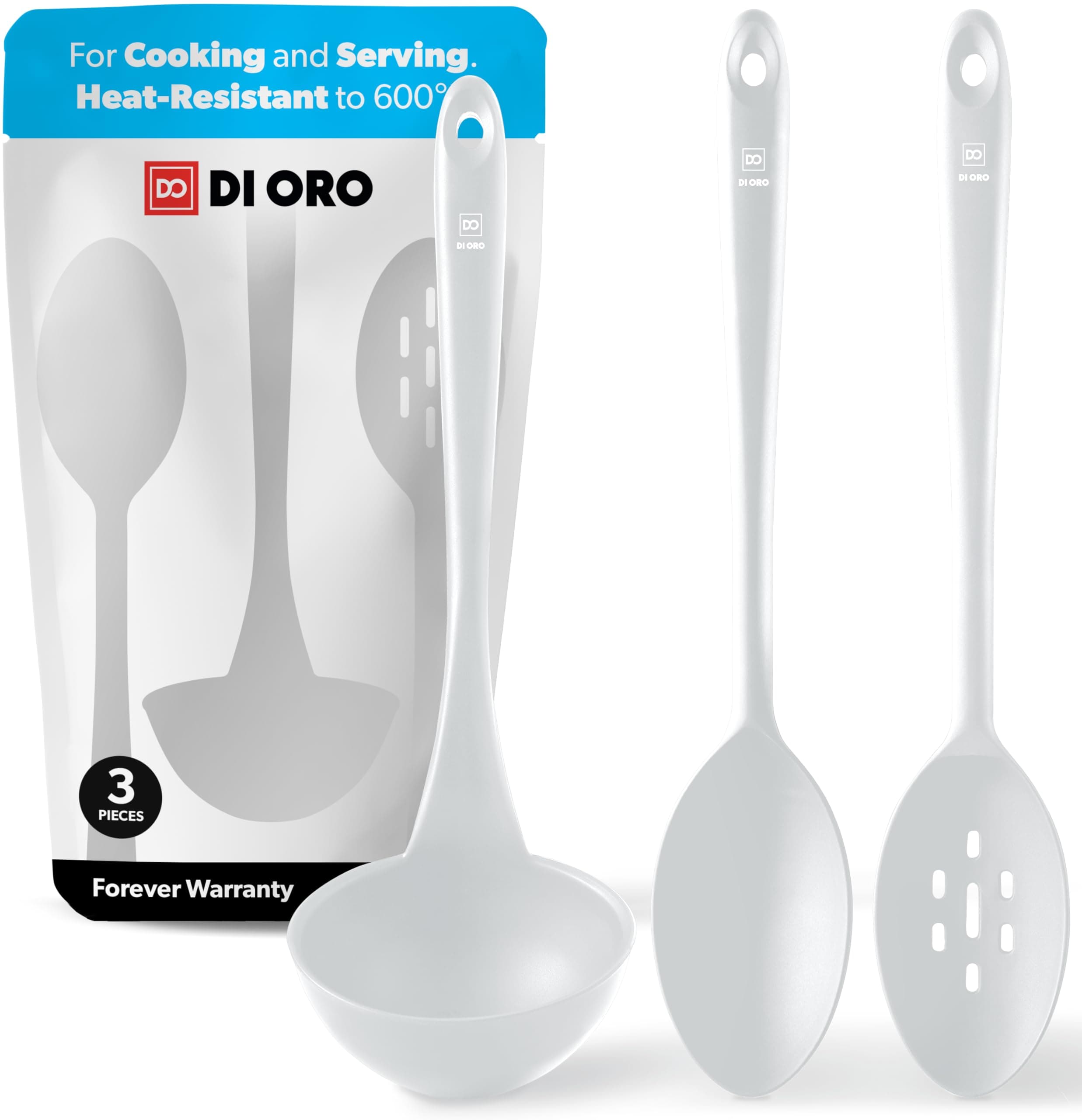 DI ORO Silicone Ladle & Spoons for Cooking – Large Kitchen Spoons for Mixing, Serving, & Stirring - Soup Ladle with Wide Bowl - High Heat Silicone Kitchen Utensils for Nonstick Cookware Safe (Stone)