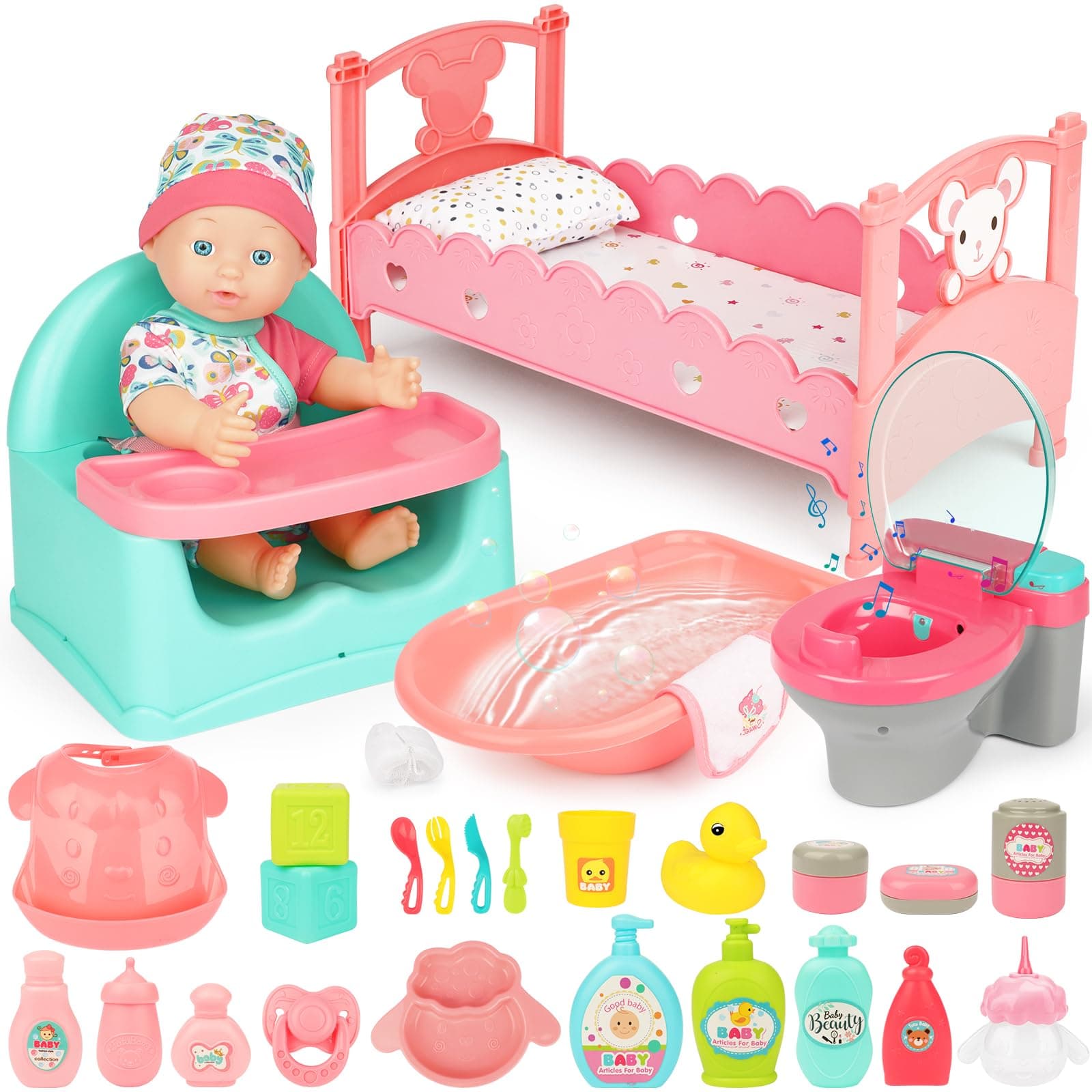 Baby Dolls with Lifelike Function, 33 cm Bath Doll with Romper Doll Bath Bed Seat, Can Drink and PIPI, 31 Pieces Toy Doll with Accessories, Gift Set for Children from 3 Years