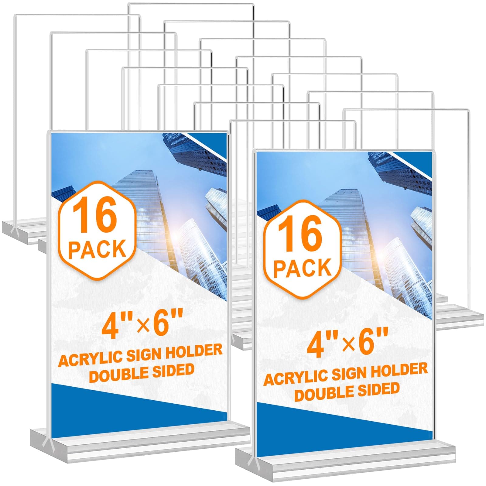 Acrylic Sign Holder 4x6, 16 Pack Clear Double Sided Clear Table Menu Vertical Display Stand Desktop Display Stand Paper Holder Table Sign Holder Suitable for Restaurants Office Store Show Fair