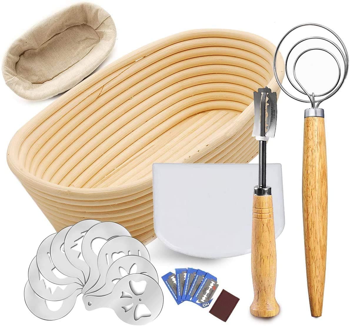 9 Inch Round Banneton Bread Proofing Basket for Rising, Baking Dough Bowl Professional Baking Tool 12 Pack Set - Dough Scraper 1, Bread Lame 1, Whisk 1, Stencils 1, Linen Cloth 2, Extra Blades (C)