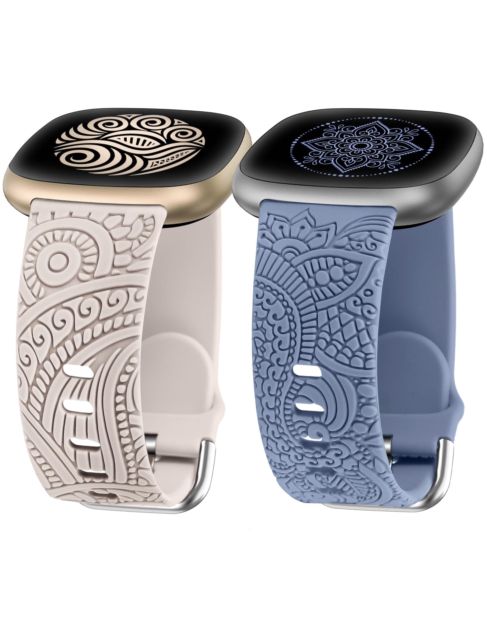 TOYOUTHS 2 Pack Floral Engraved Compatible with Fitbit Versa 4/Fitbit Versa 3/Fitbit Sense 2/Fitbit Sense Straps, Soft Silicone Sport Breathable Bands for Versa 3/4 Sense 1/2