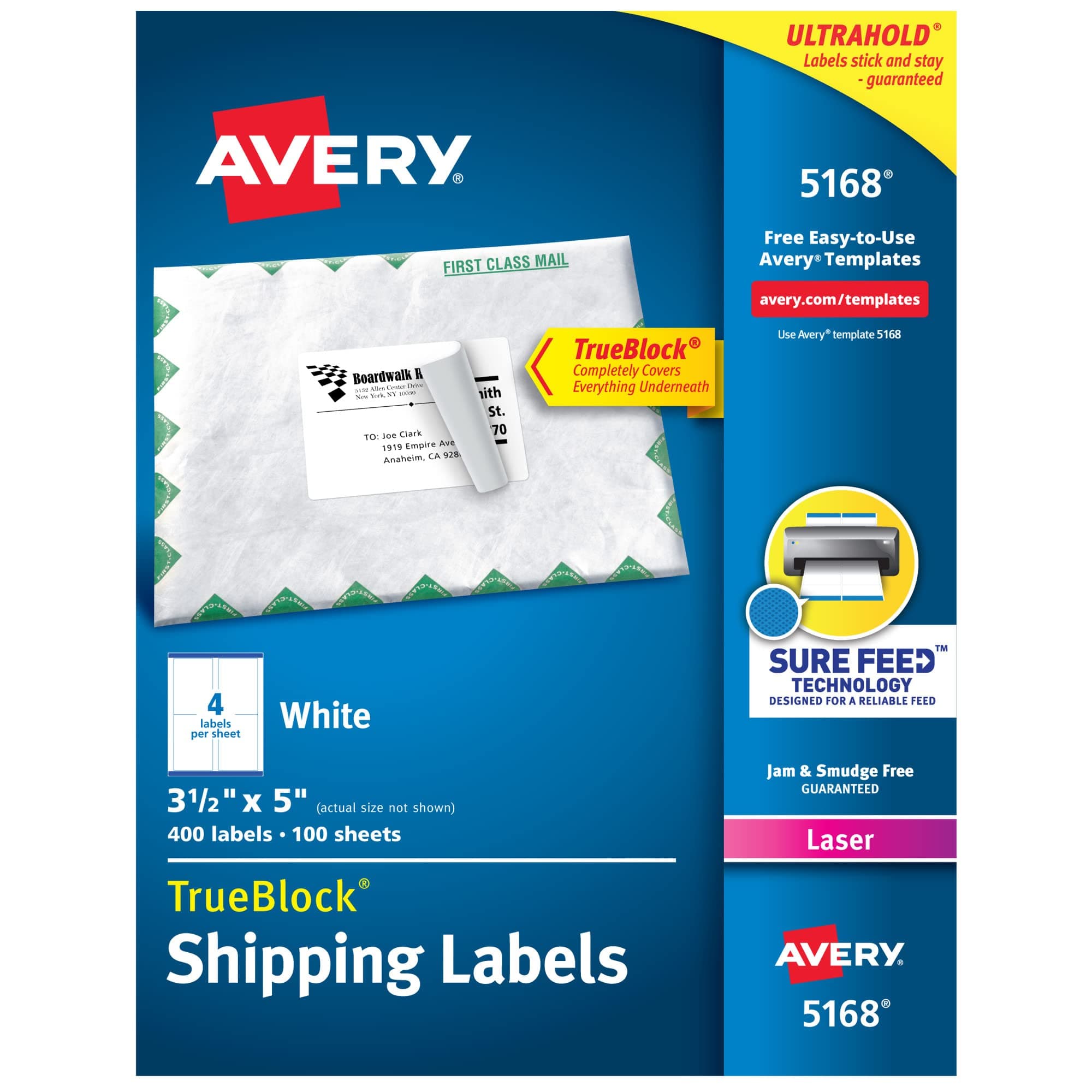 Avery Printable Shipping Labels with Sure Feed, 3-1/2" x 5", White, 400 Blank Mailing Labels for Laser Printers (5168)