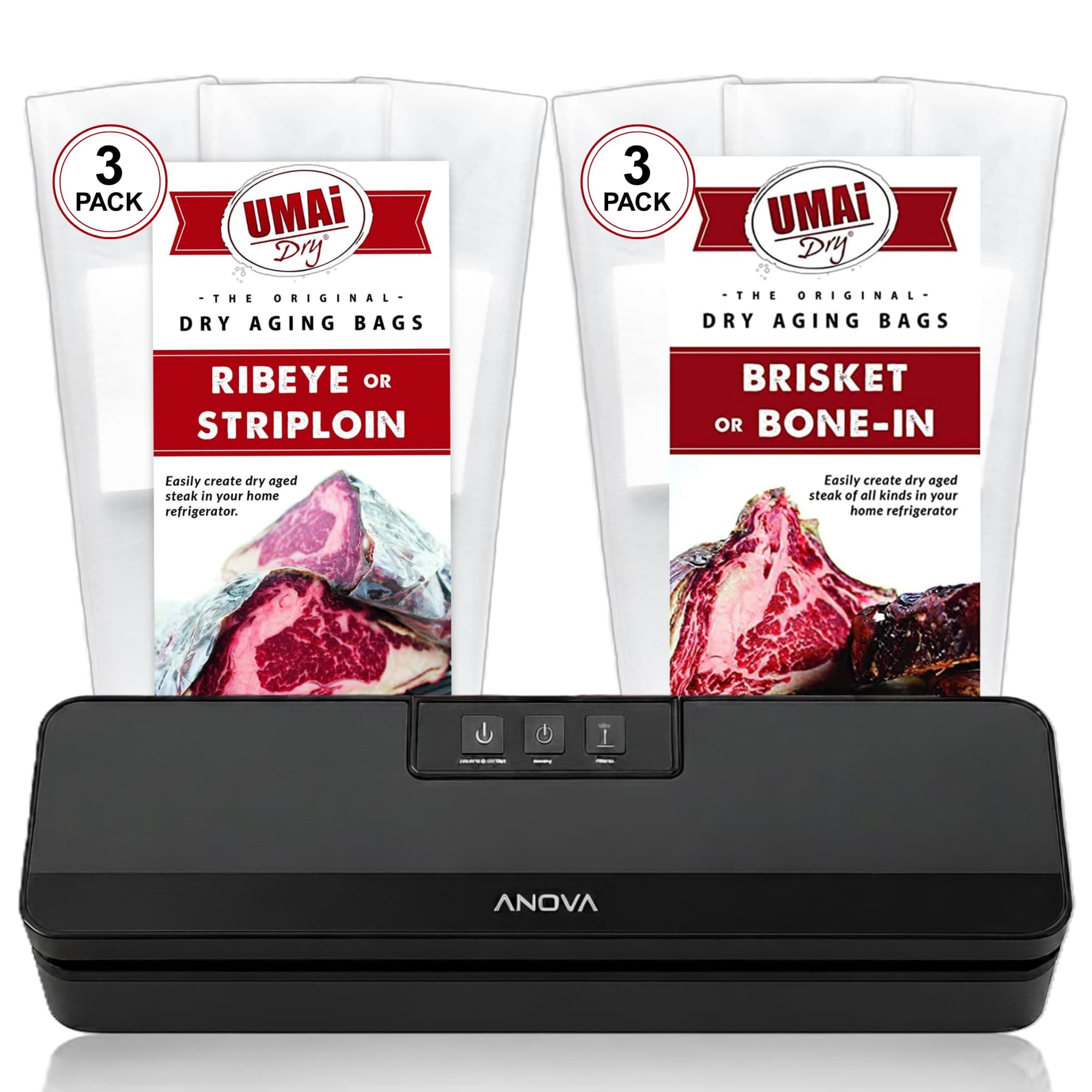 Artisan Steak Starter Kit – Precision 120V Vacuum Sealer, Pack of 3 Ribeye/Striploin and Pack of 3 Brisket/Bone-in Sampler Dry Age Bags for Meat – Home Dry Aging Kit for Steak Lovers