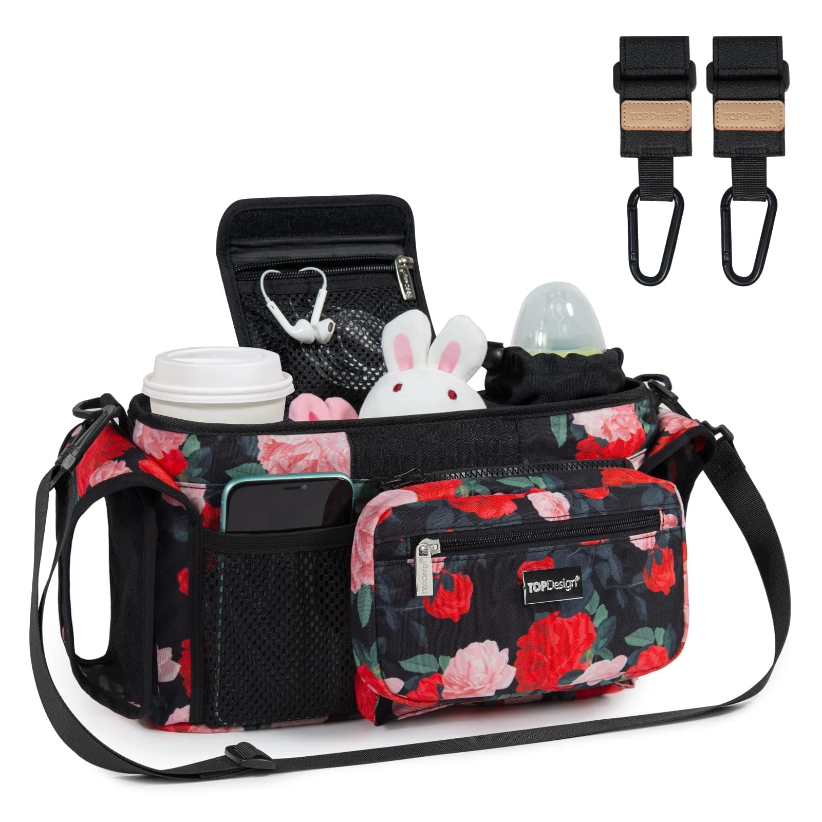 TOPDesign Universal Baby Stroller Organizer, Stroller Caddy with Heightened Insulated Cup Holders & Non-Slip Secure Hooks Accessories, Fits Most Strollers, Machine Washable (Chinese Rose)