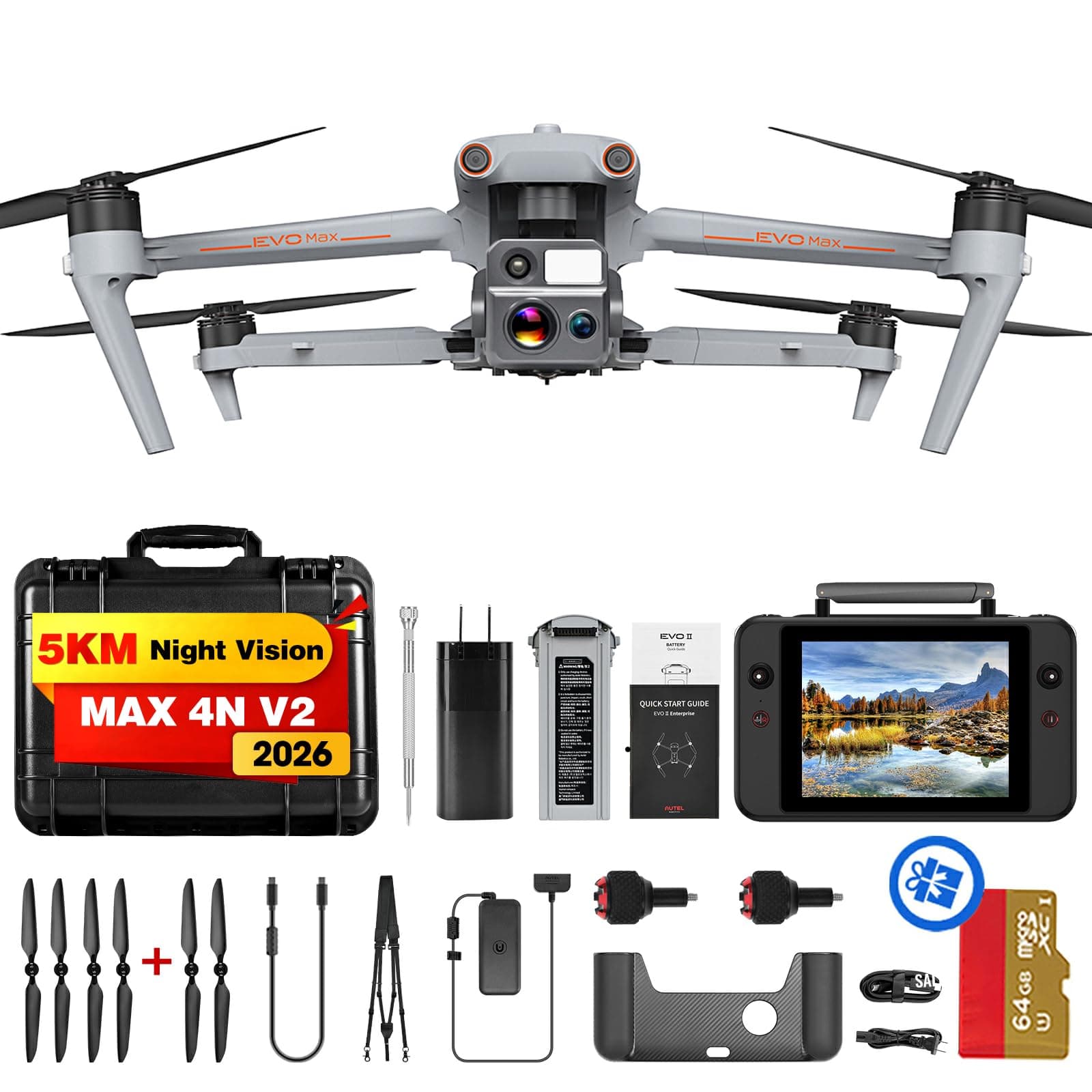 Robotics EVO MAX 4N V2, Starlight Night-Vision/ Wide/ Thermal/ L~aser 4 Cameras in One UAV, Upgrade of MAX 4T V2/ 4N, 5KM Night Vision Observation, A-Mesh 1.0, 720° Obstacle Avoidance, Triple Anti-Jamming, Hot-Swappable, 42 Mins, IP43, Autel SDK