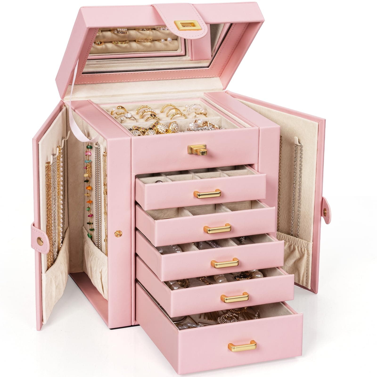 AKOZLIN Large Jewelry Box Organizer Functional with Big Mirror, Leather Jewelry Storage Case for Women Girls Ring Necklace Earring Bracelet Holder Organizer