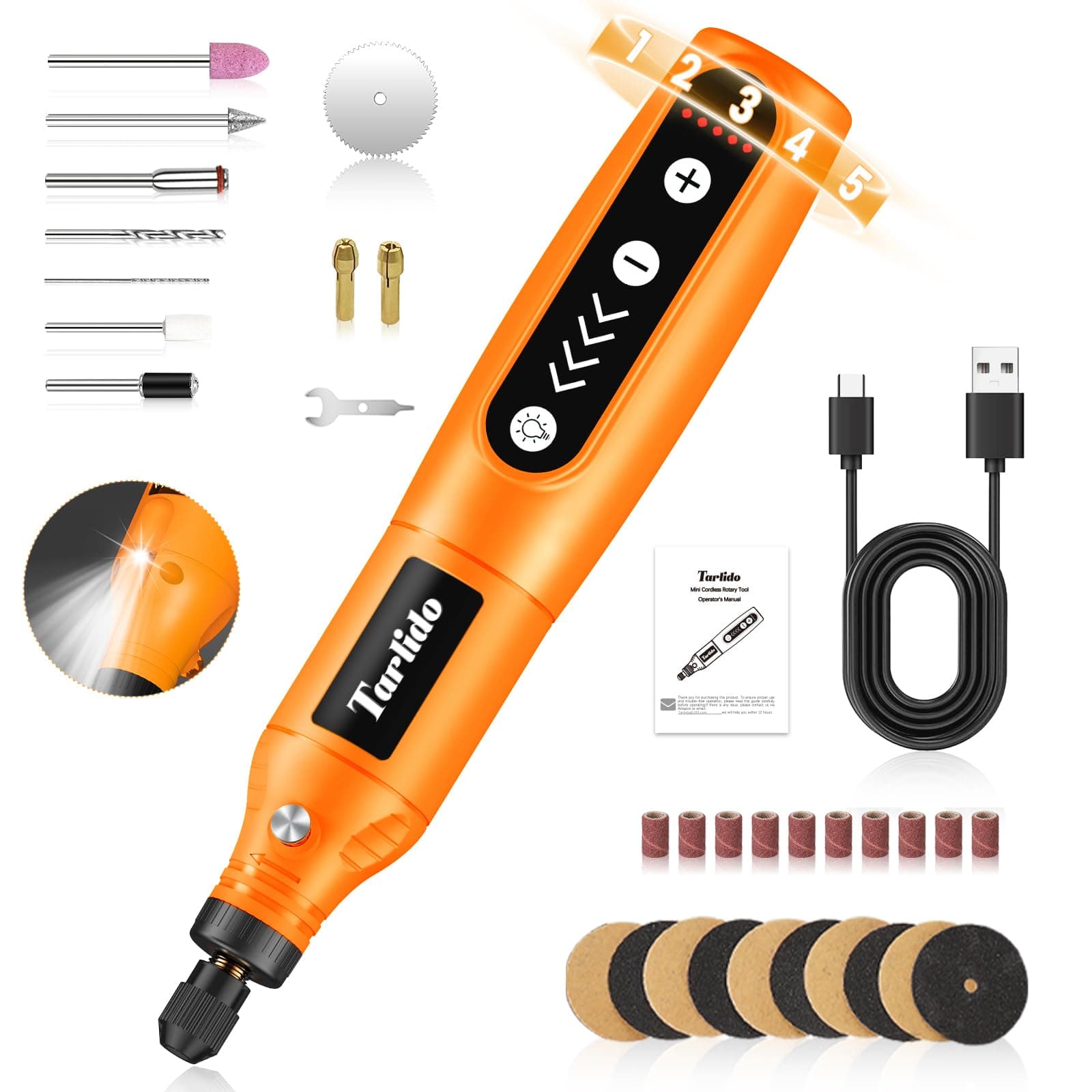 Cordless Rotary Tool Kit, 3.7V 2.0Ah Rechargeable Battery, 18000RPM 5-Speed Multi Power Carving Tools, 31Pcs Accessories, Engraving, Sanding, Grinding, Polishing, Carving, Etching, DIY-Orange