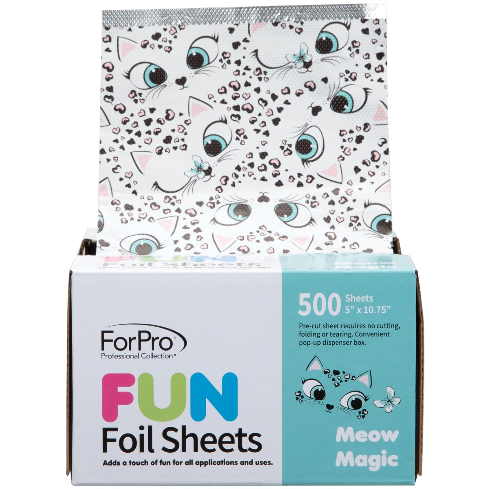 ForPro Professional Collection FUN Meow Magic 5Foil Sheets, Aluminum Foil, Pop-Up Foil Dispenser, Hair Foils for Color Application and Highlighting Services, Food Safe, 5" W x 10.75" L, 500-Count