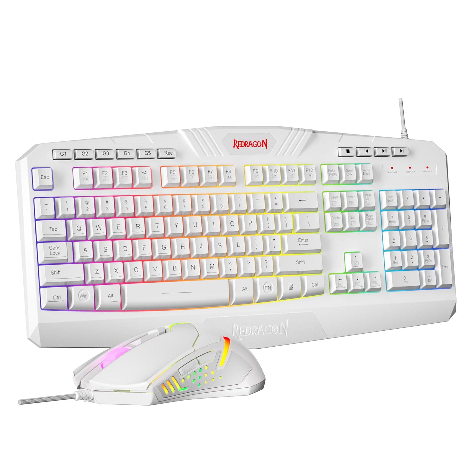 Redragon S101 Wired Gaming Keyboard and Mouse Combo RGB Backlit Gaming Keyboard with Multimedia Keys Wrist Rest and Red Backlit Gaming Mouse 3200 DPI for Windows PC Gamers (White)