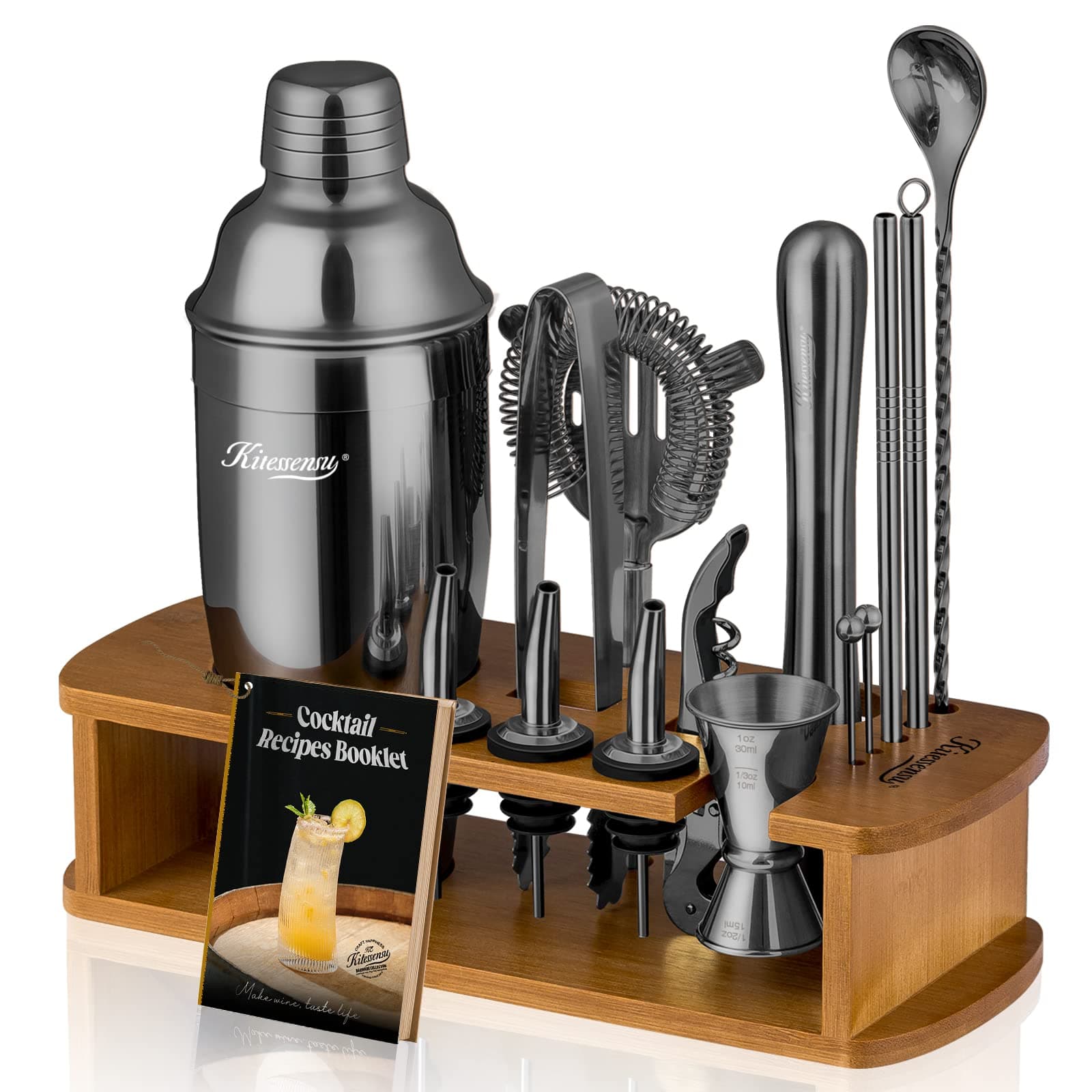KITESSENSU Cocktail Shaker Set Bartender Kit with Stand | Bar Kit Drink Mixer Set for Drink Mixing - Bar Tools: Martini Shaker set - Black