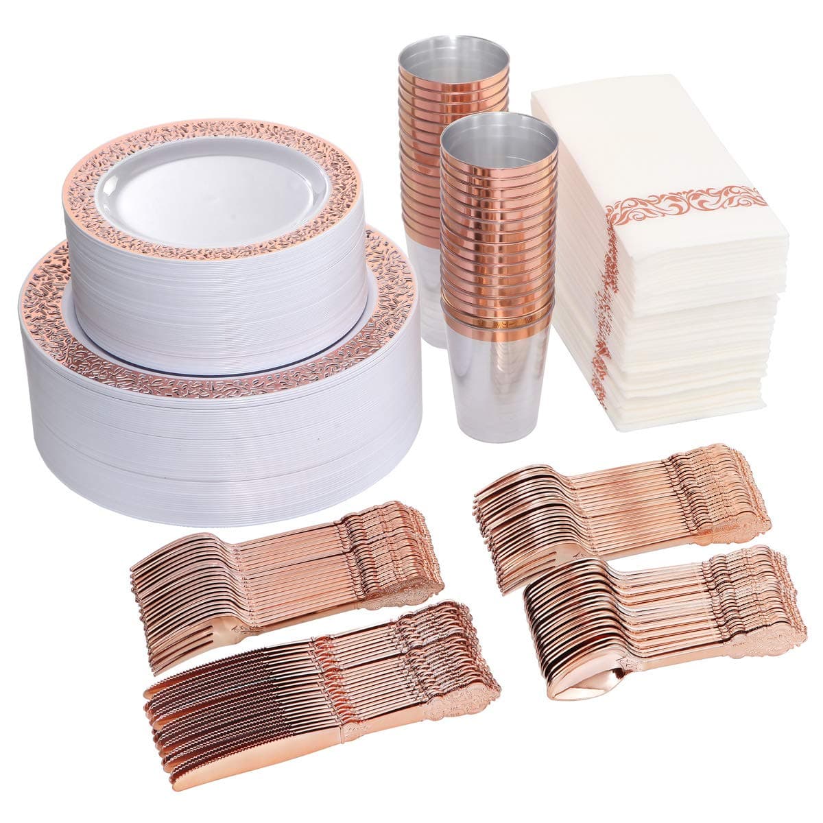 I00000 50 Guests Plastic Dinnerware Set, 100 Rose Gold Plastic Plates, 150 Rose Gold Silverware-50 Forks, Knives and Spoons Each, 50 Disposable Cups, Paper Straw and Napkins Each